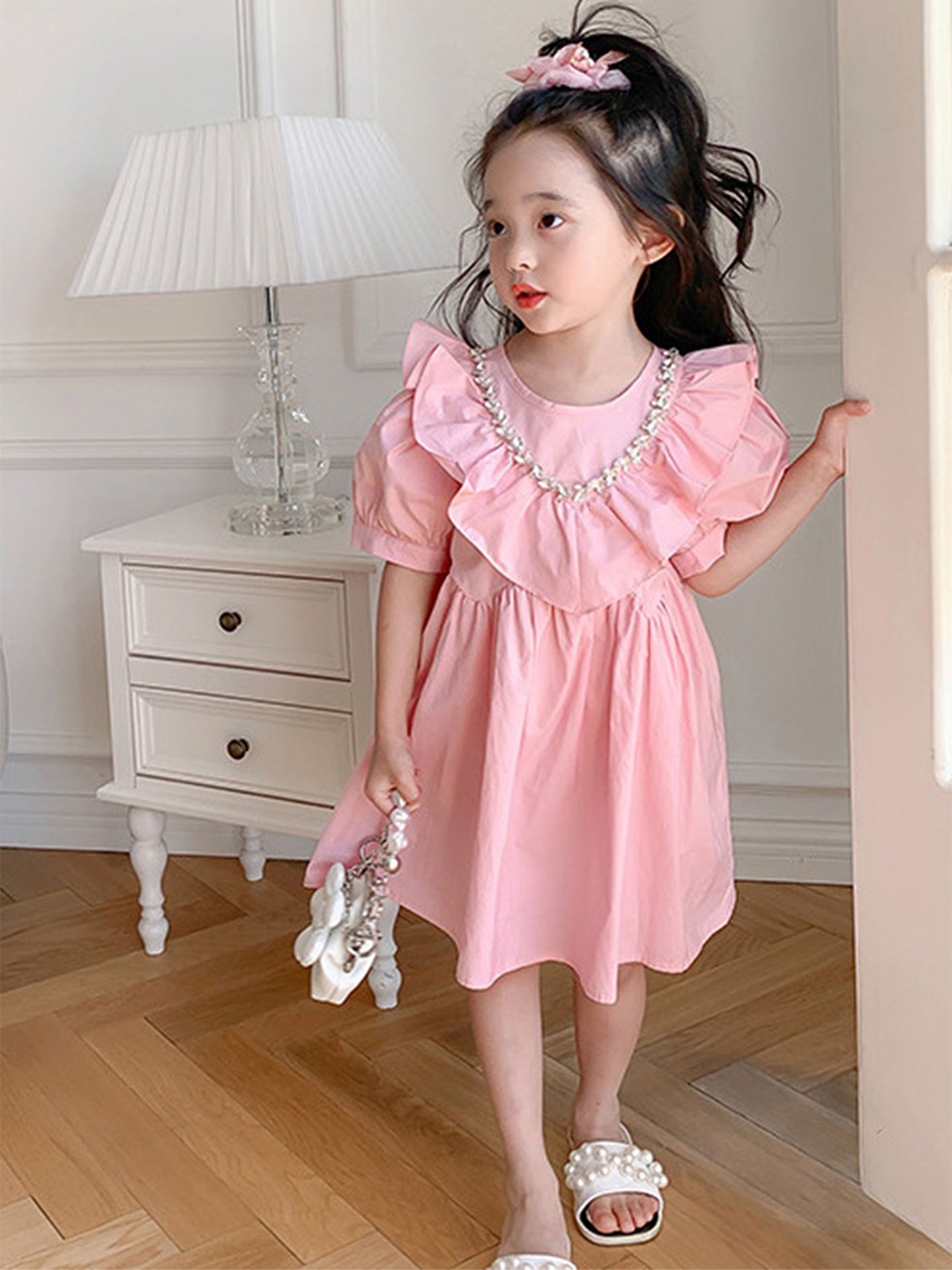 

LULU & SKY Girls Embellished Puff Sleeves A-Line Dress, Pink