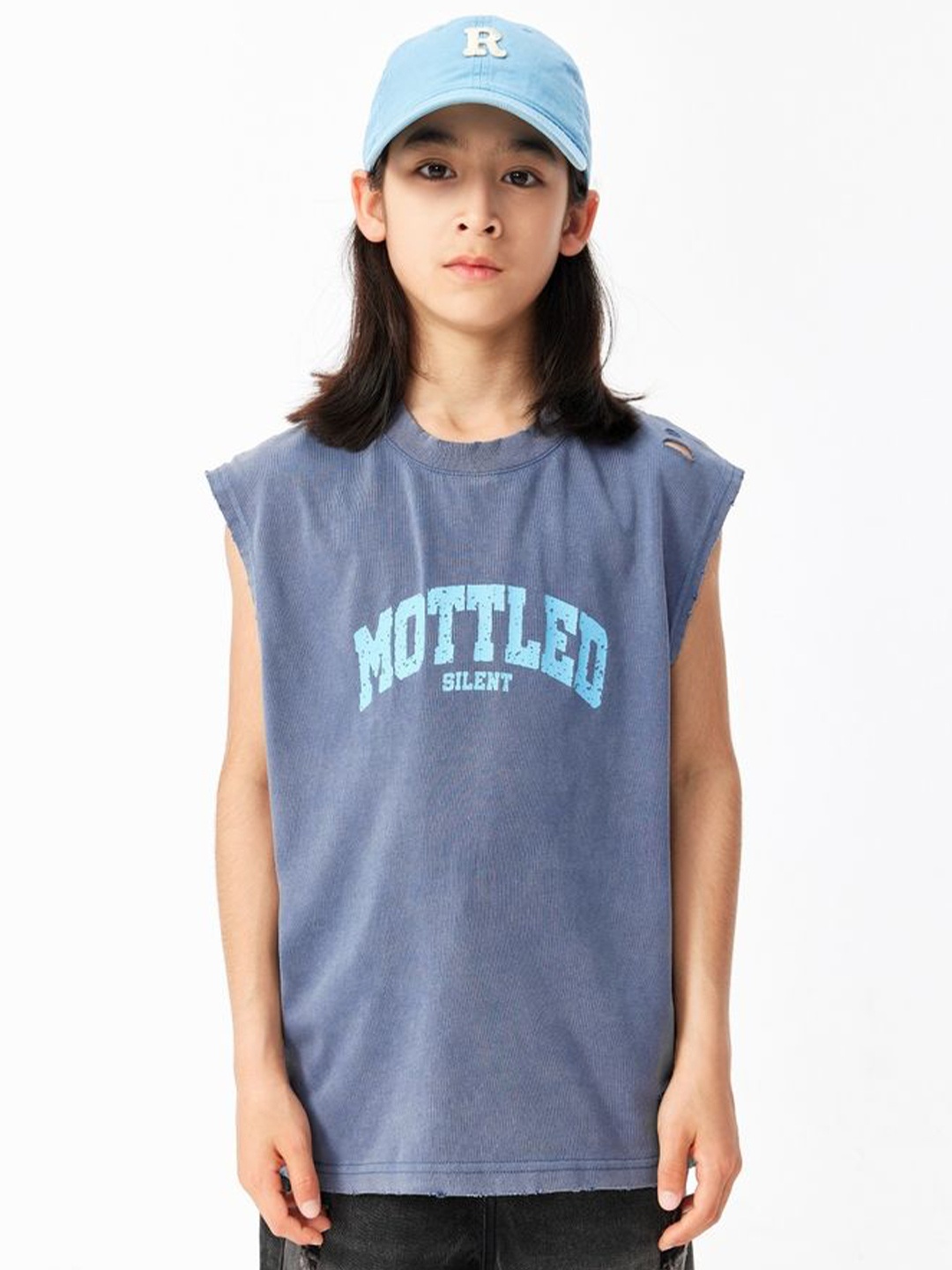 

LULU & SKY Typography Printed Cap Sleeves Cotton Top, Blue