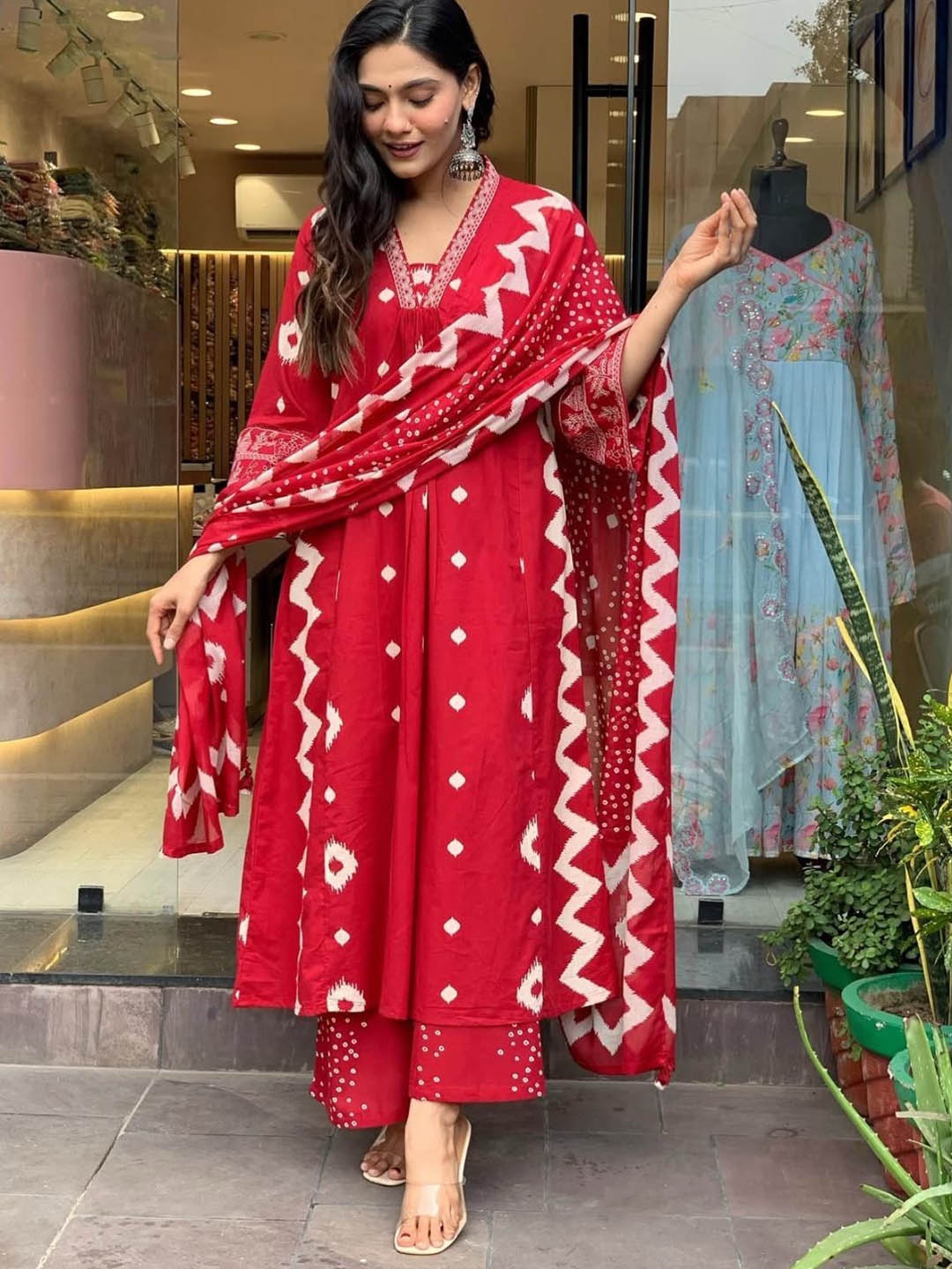 

MILAAV Geometric Printed V-neck Pure Cotton A-Line Kurta With Palazzos & Dupatta, Red