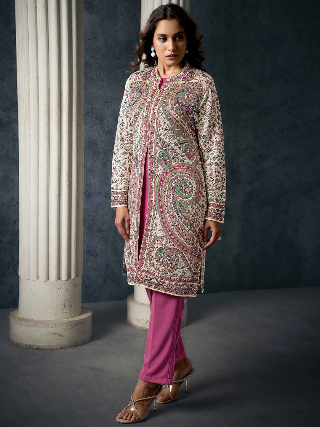 

Peachmode Paisley Woven Design Pure Wool Straight Kurta With Trousers & Jacket, Beige