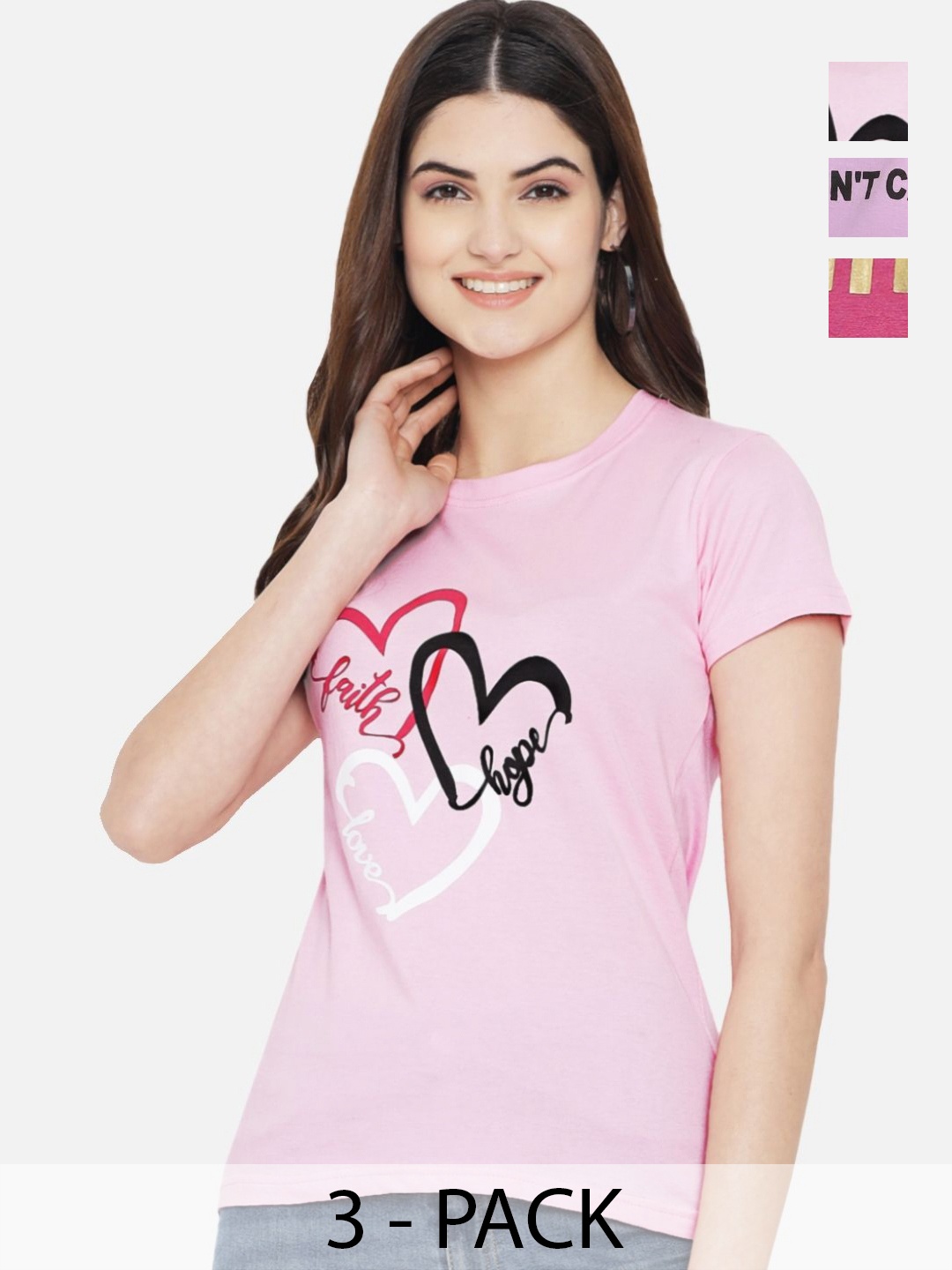 

Dreambe Women Pack Of 3 Graphic Printed Round Neck Cotton T-shirts, Peach