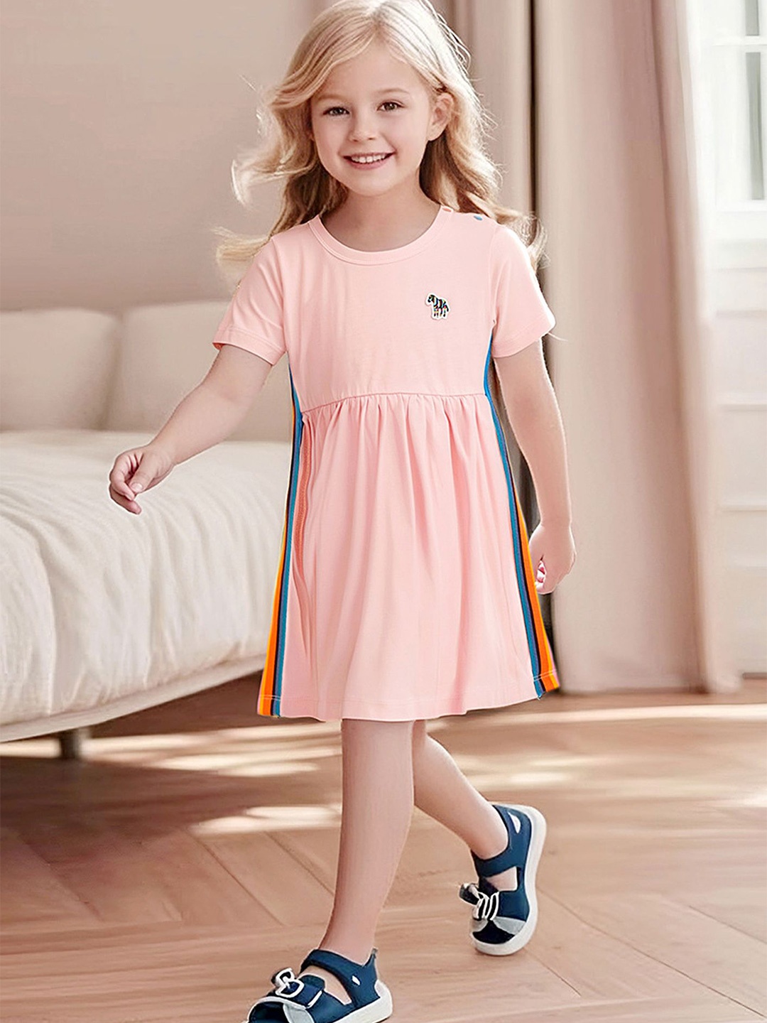 

LULU & SKY Girls Colourblocked Cotton Fit & Flare Dress, Pink