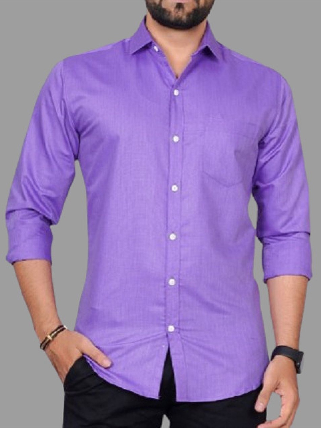 

Metronaut Men Standard Regular Fit Spread Collar Solid Cotton Casual Shirt, Purple