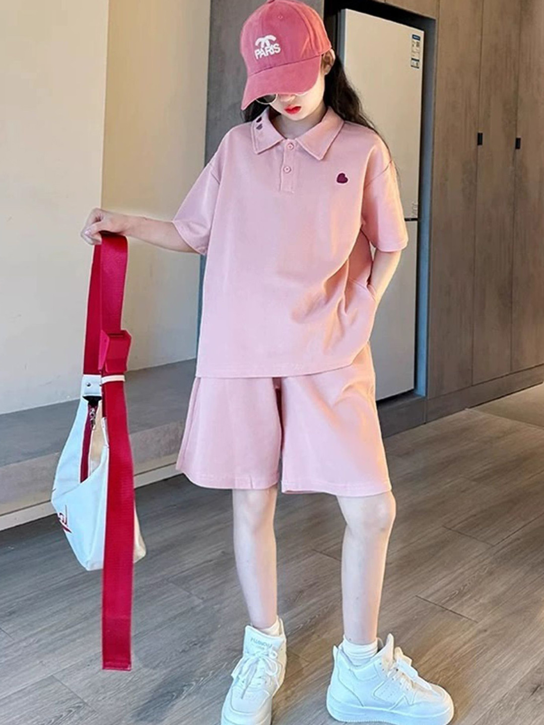 

LULU & SKY Girls Polo Collar T-Shirt With Shorts, Pink