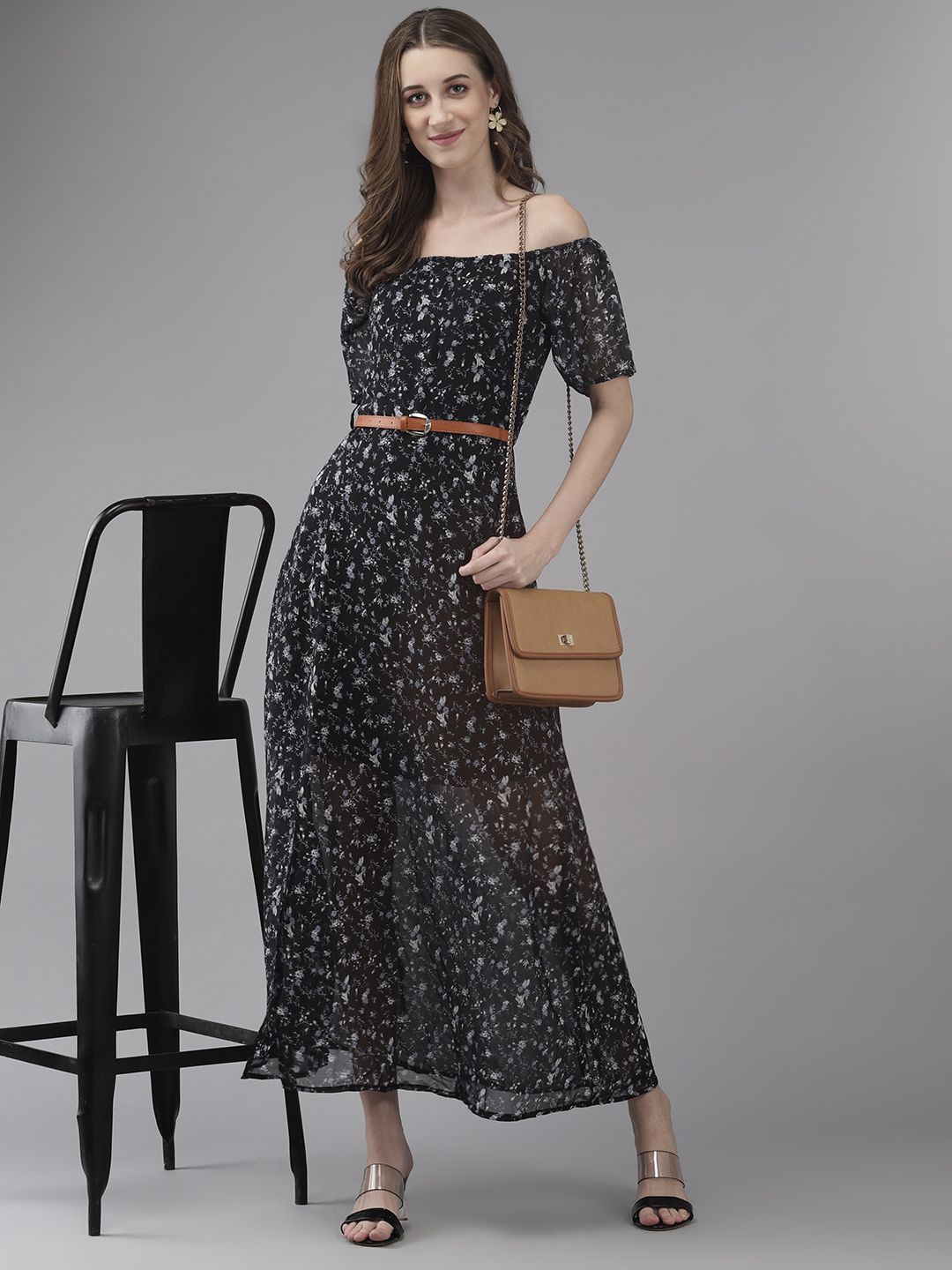 

CORSICA Floral Print Off-Shoulder Georgette Maxi Dress, Black