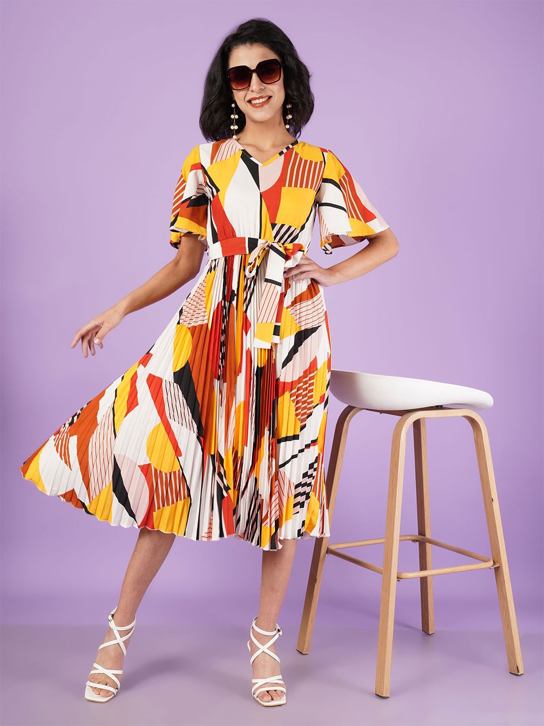 

ZWERLON Women Printed Fit and Flare Midi Dress, White