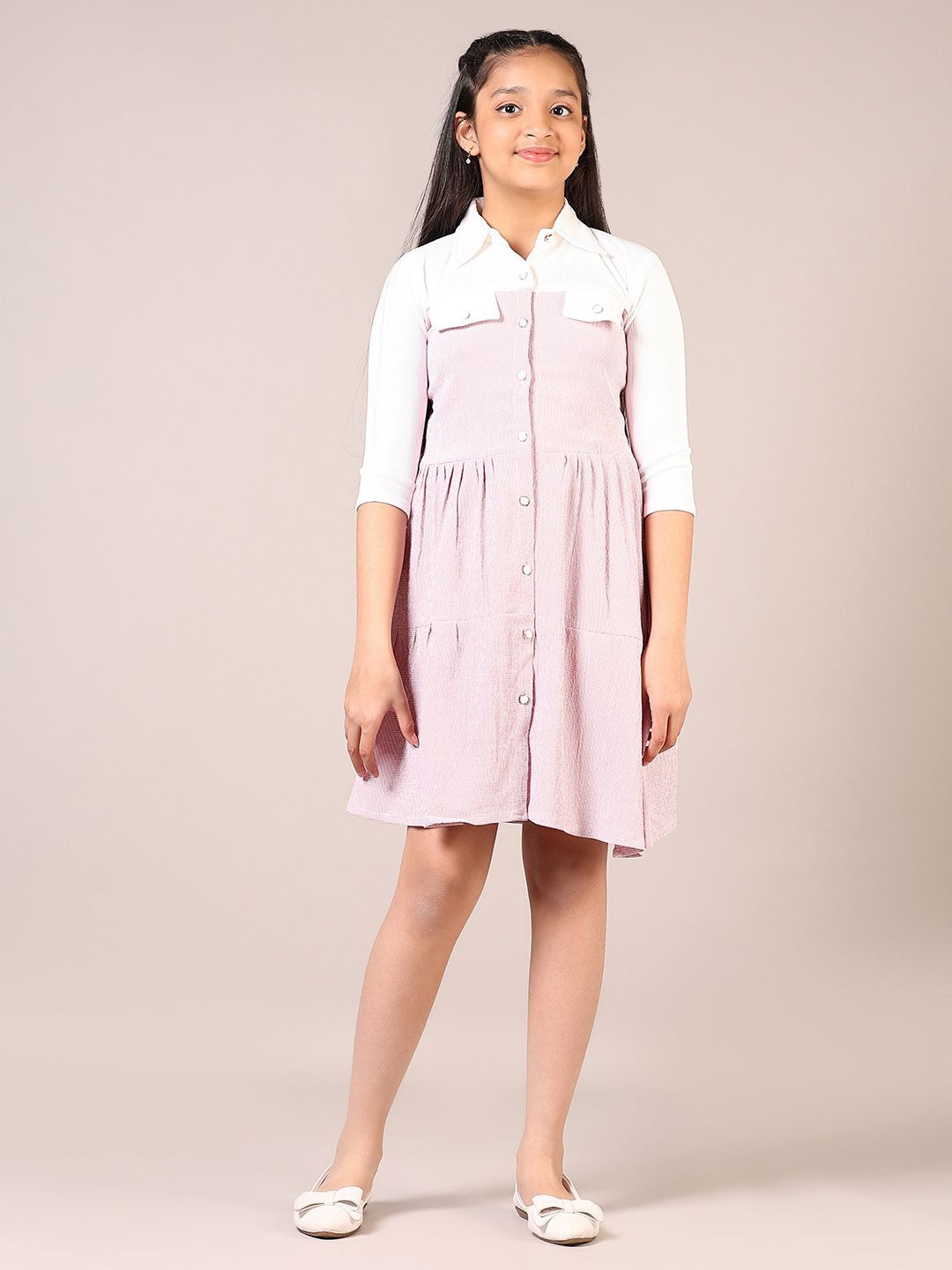 

V-Mart Girls Cotton Printed Shirt Midi Dress, Pink