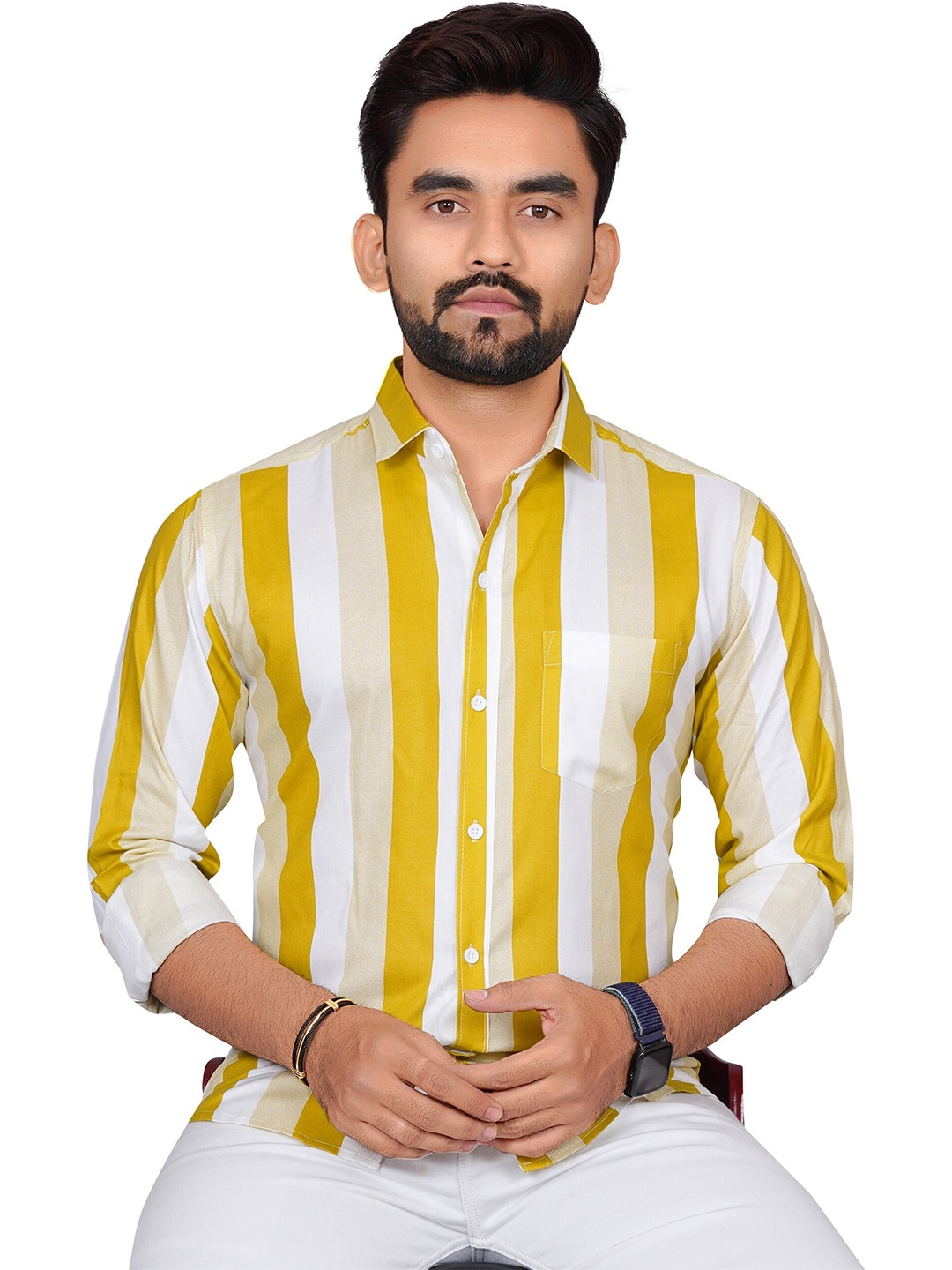 

Metronaut Men Regular Fit Spread Collar Vertical Striped Casual Shirt, Yellow