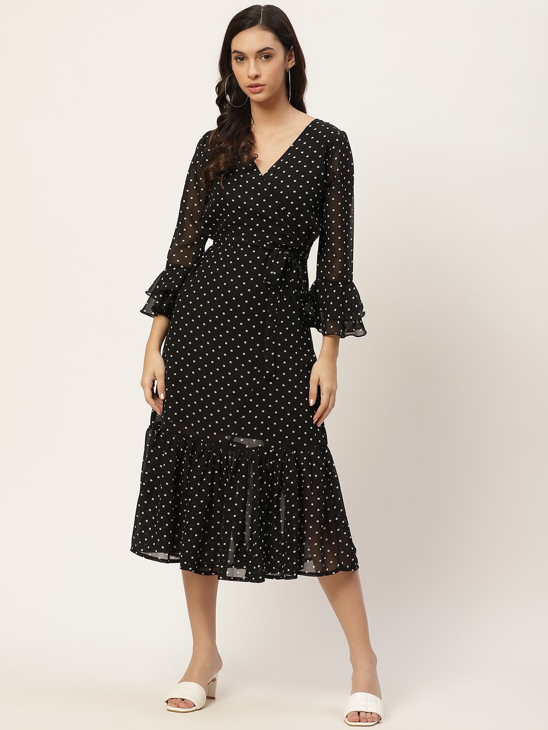 

Chemistry Polka Dot Print Bell Sleeve Georgette Midi Dress, Black