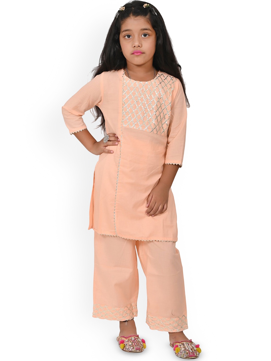 

Megha Overseas Girls Yoke Design Round Neck Gotta Patti Kurta With Trousers, Peach