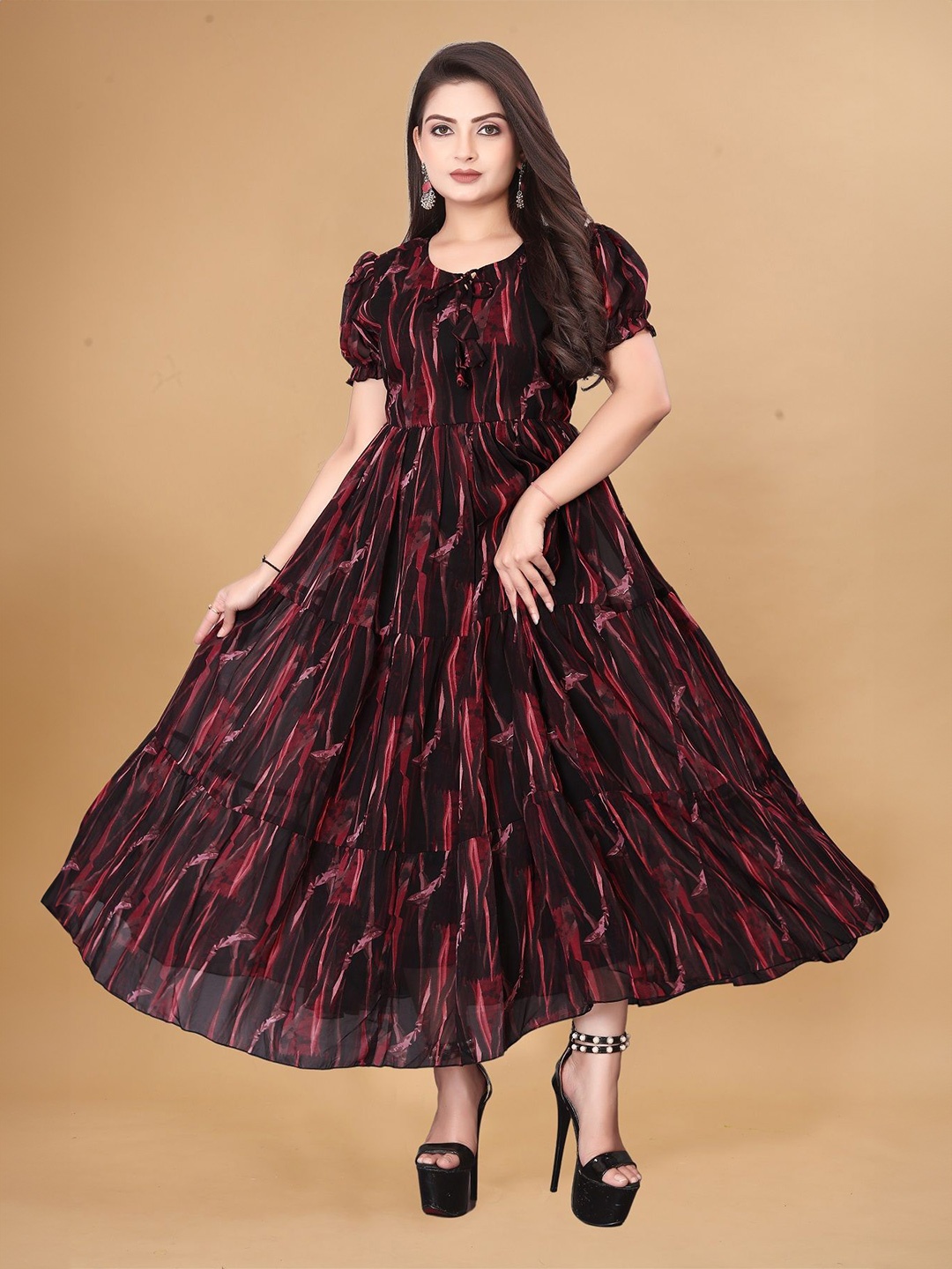 

KRISHTI CREATION Print Puff Sleeve Georgette Fit & Flare Maxi Dress, Black