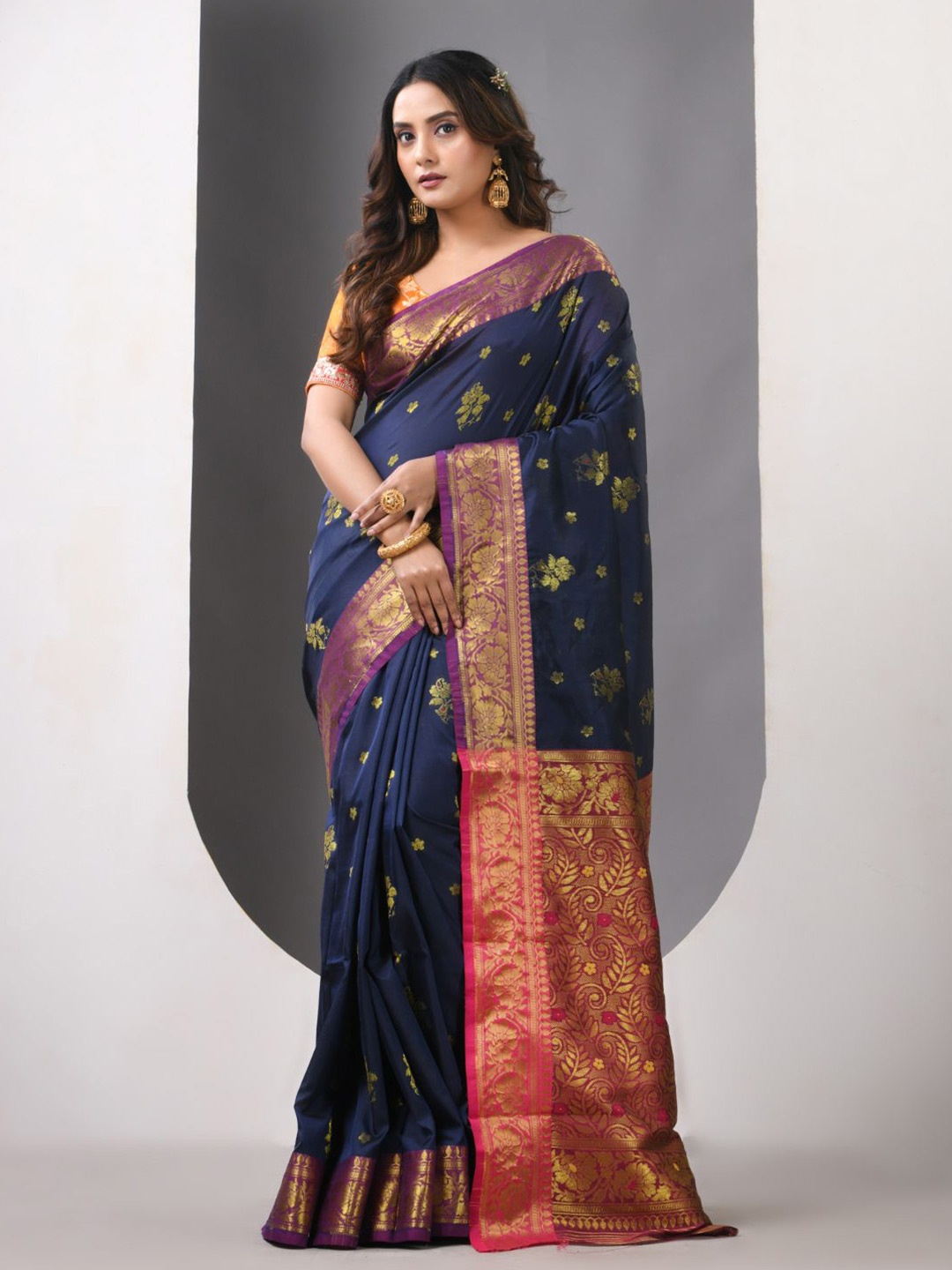 

Charukriti Ethnic Motifs Zari Silk Blend Designer Saree, Navy blue