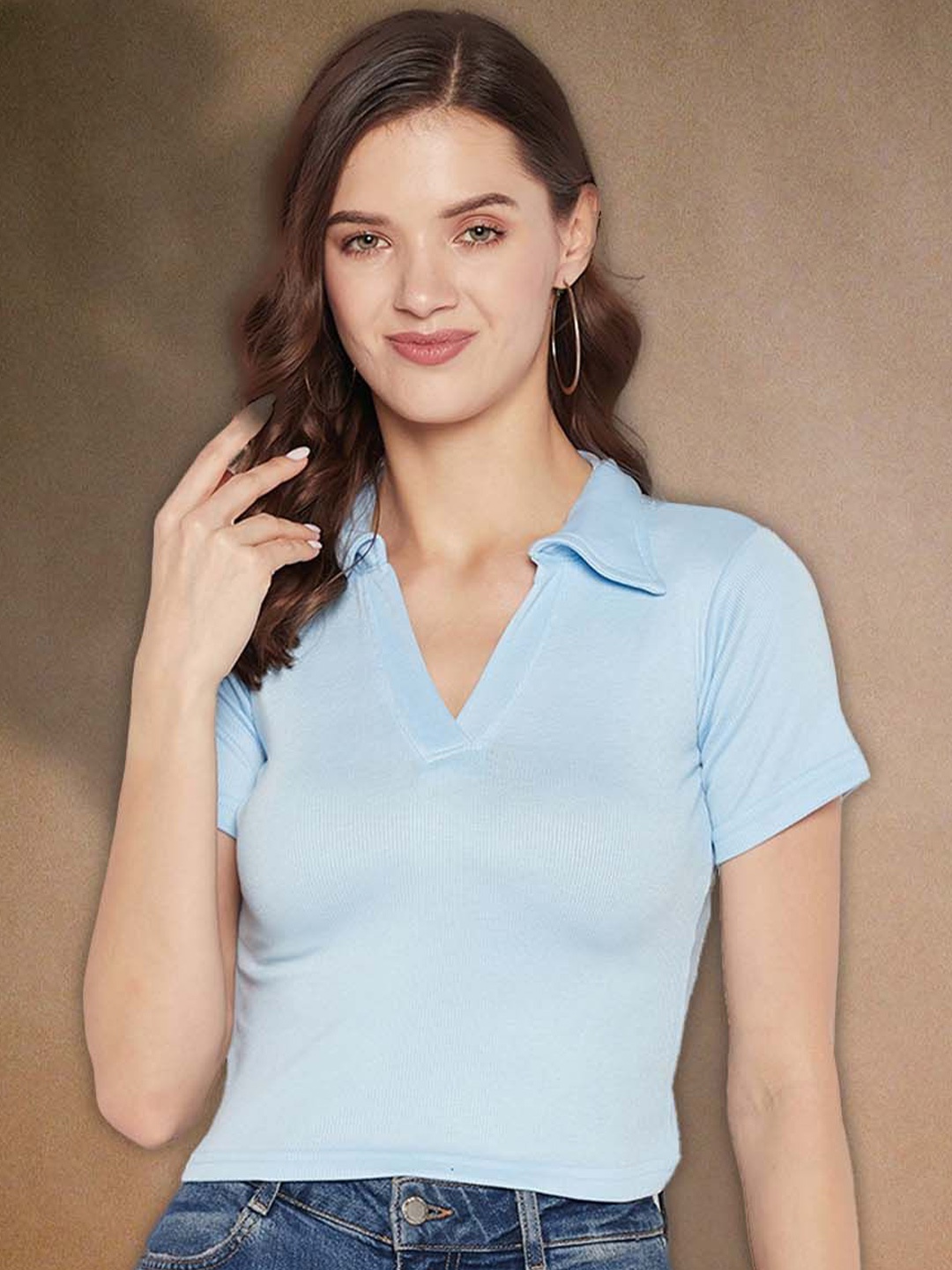 

Moda Rapido Women Ribbed Ribbed Shirt Collar Top, Blue