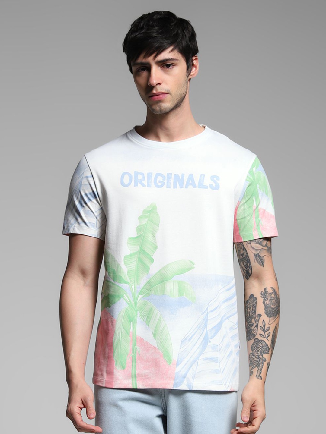 

Jack & Jones Men Graphic Printed Round Neck Cotton T-shirt, White