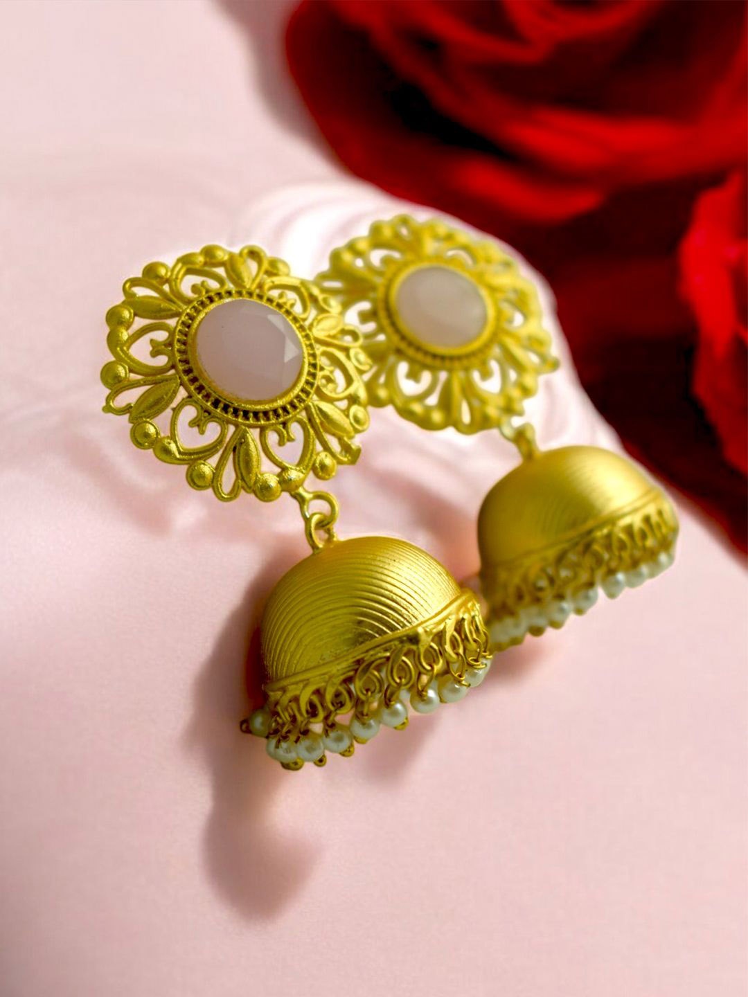 

TISHUL JEWELS Gold-Plated Artificial Stones- Studded Classic Jhumkas