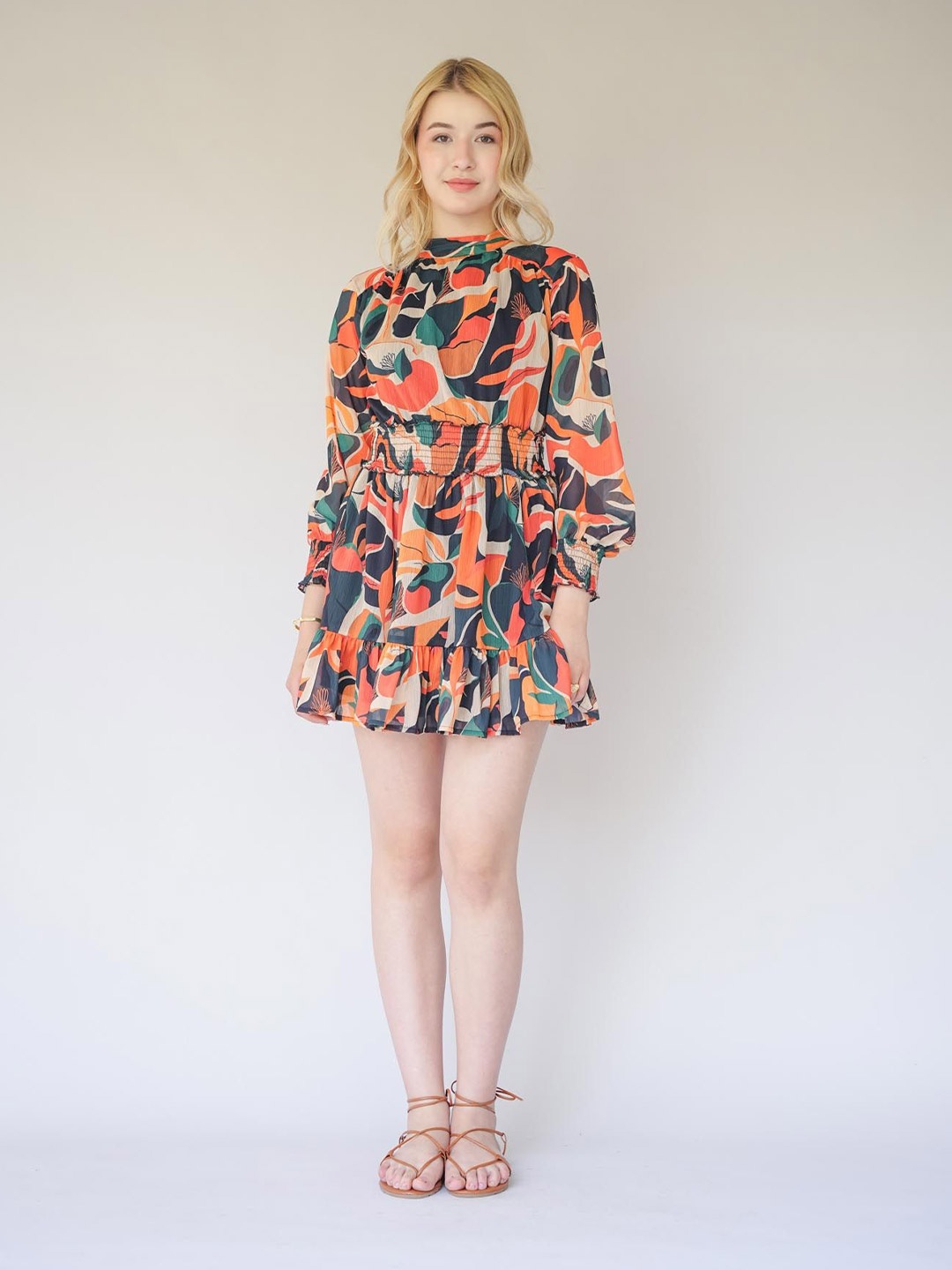 

House of Sal Printe Risa Short Fit-Flare Mini Dress, Orange