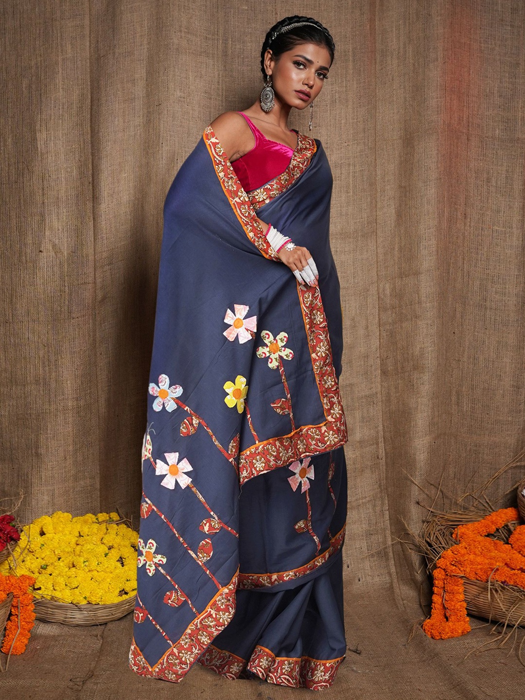

Unnati Silks Floral Applique Work Pure Cotton Handloom Saree, Navy blue