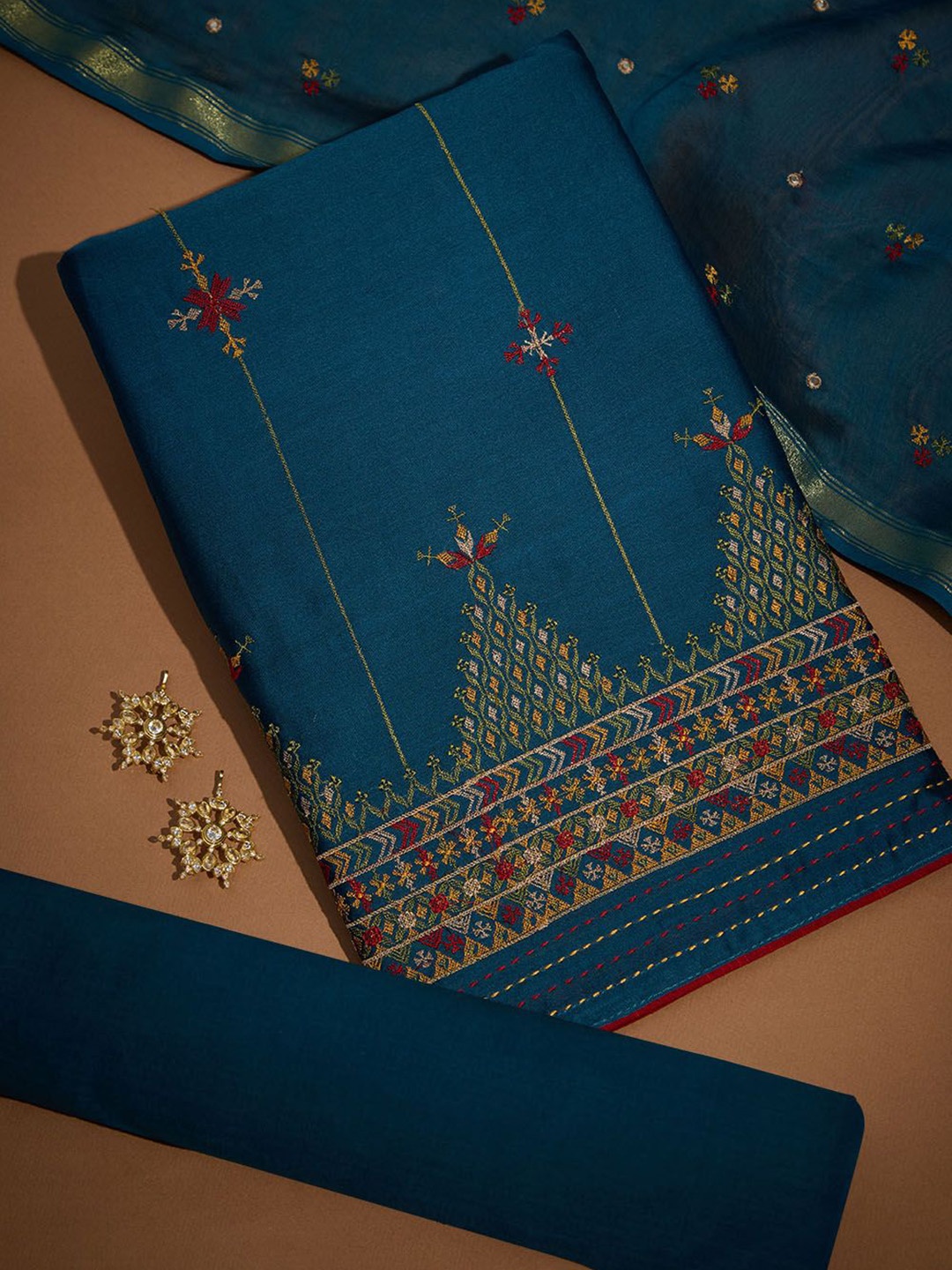 

Taneira Ethnic Motifs Embroidered Silk Crepe Unstitched Dress Material, Navy blue