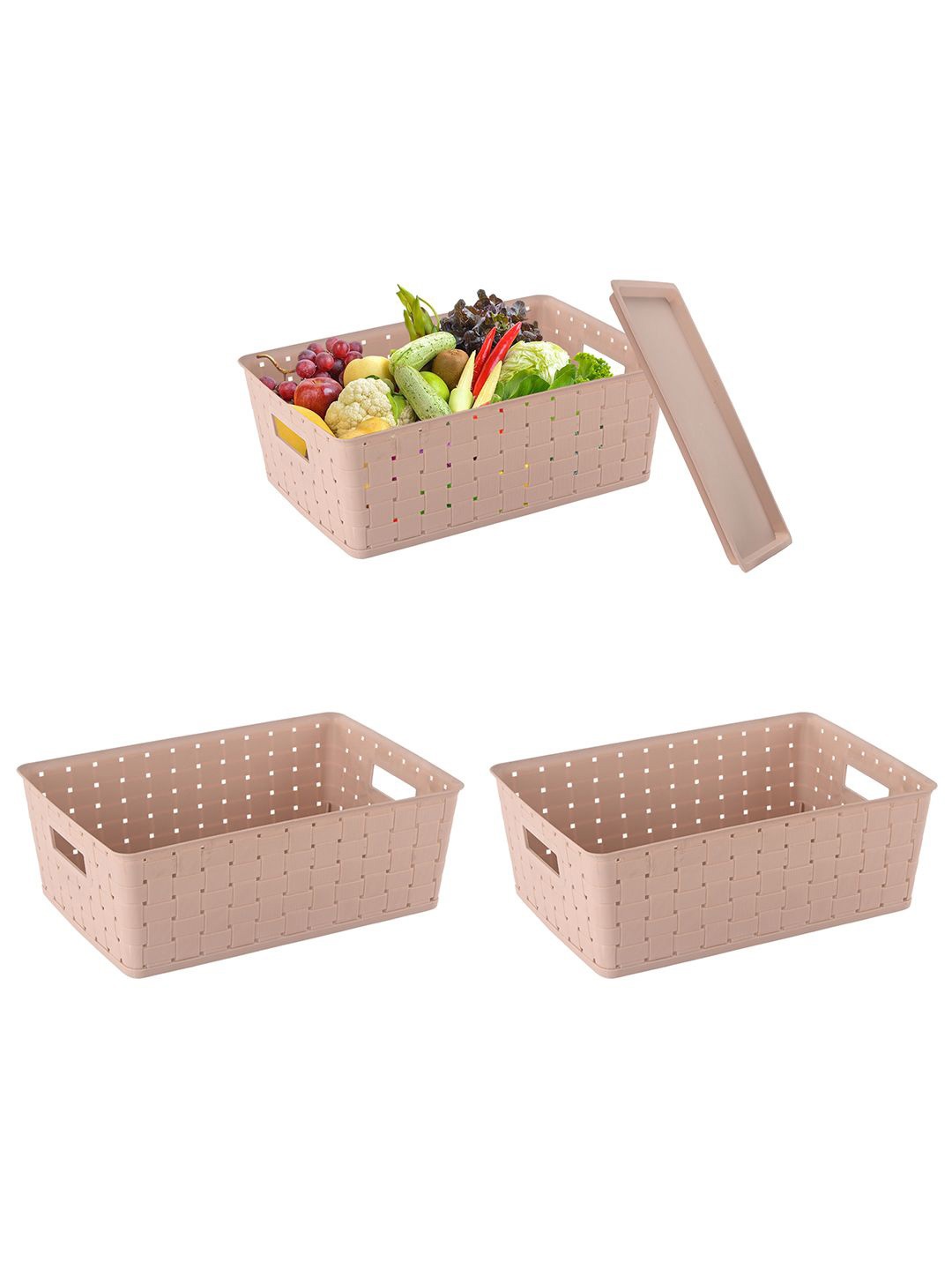 

Kuber Industries Beige Pack of 3 Cannes Pattern Stackable Storage Box with Lid