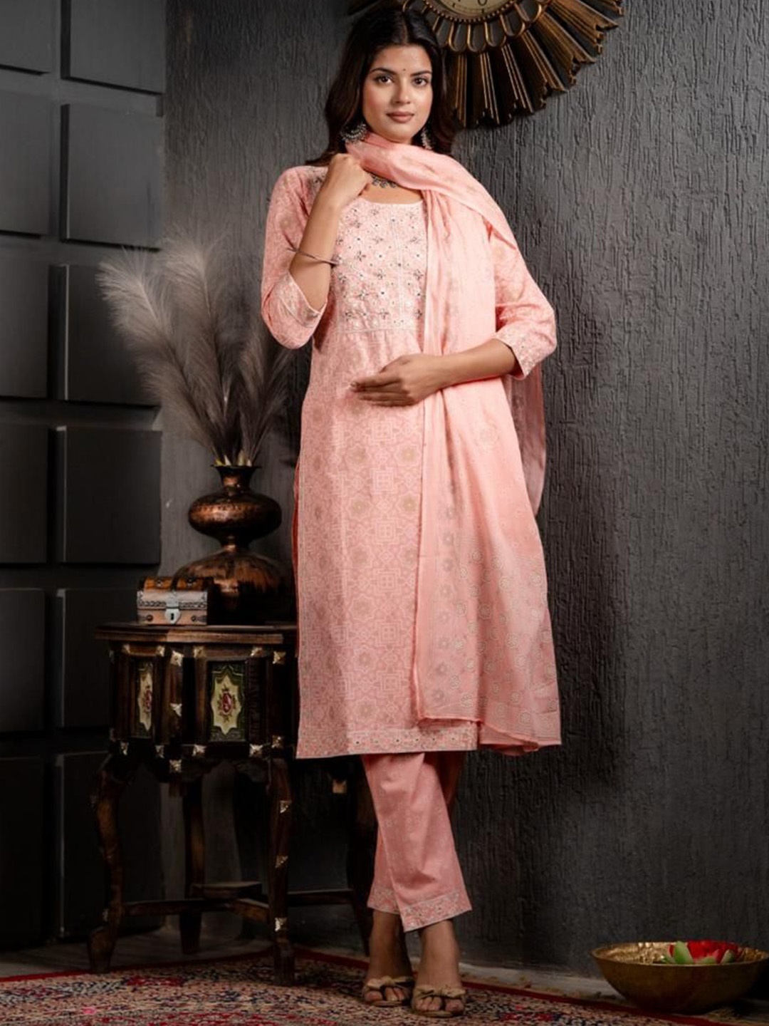 

Gauric creation Floral Embroidered Straight Pure Cotton Kurta With Trousers And Dupatta, Peach