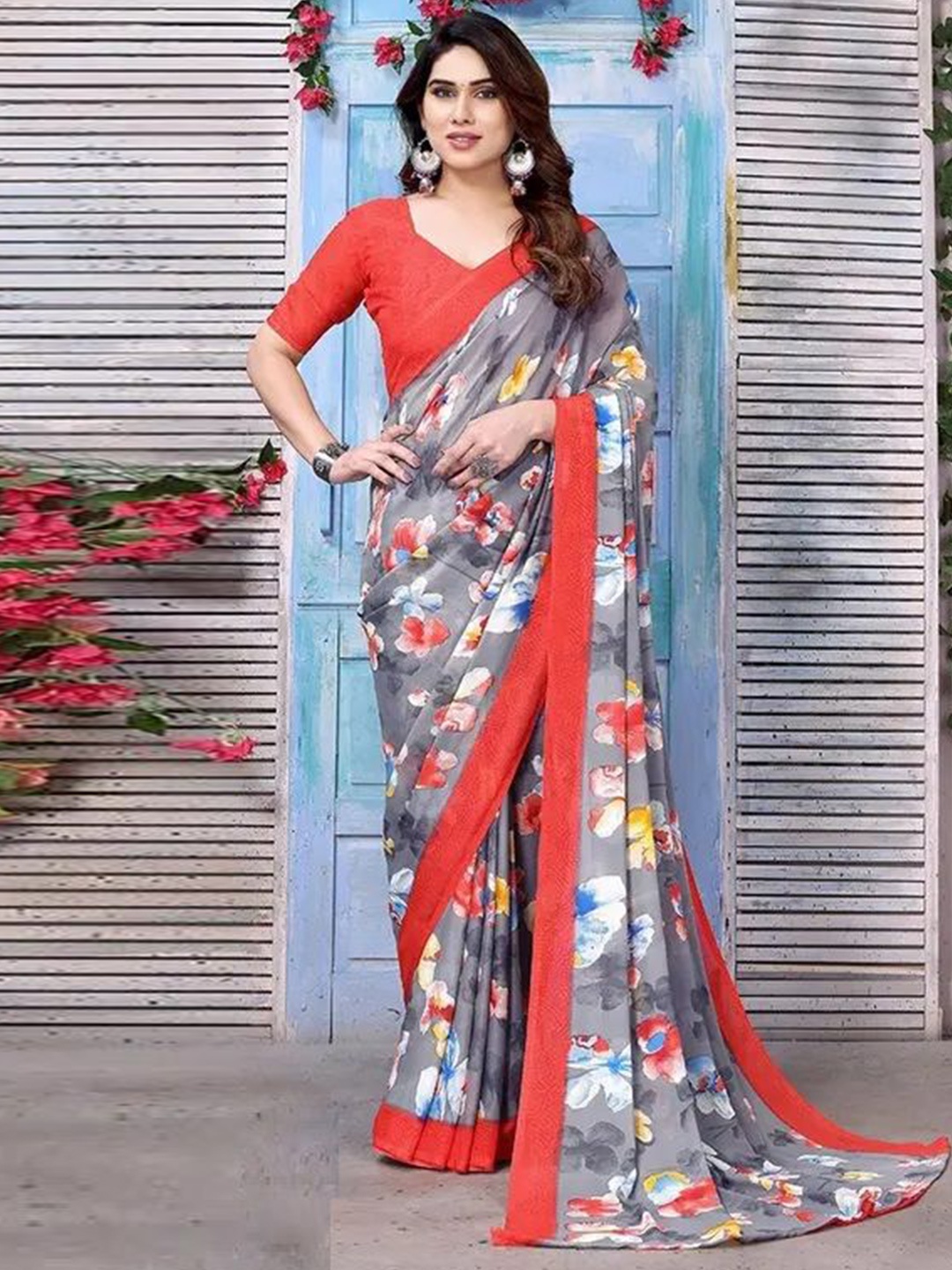 

Styleveda Floral Block Print Saree, Red