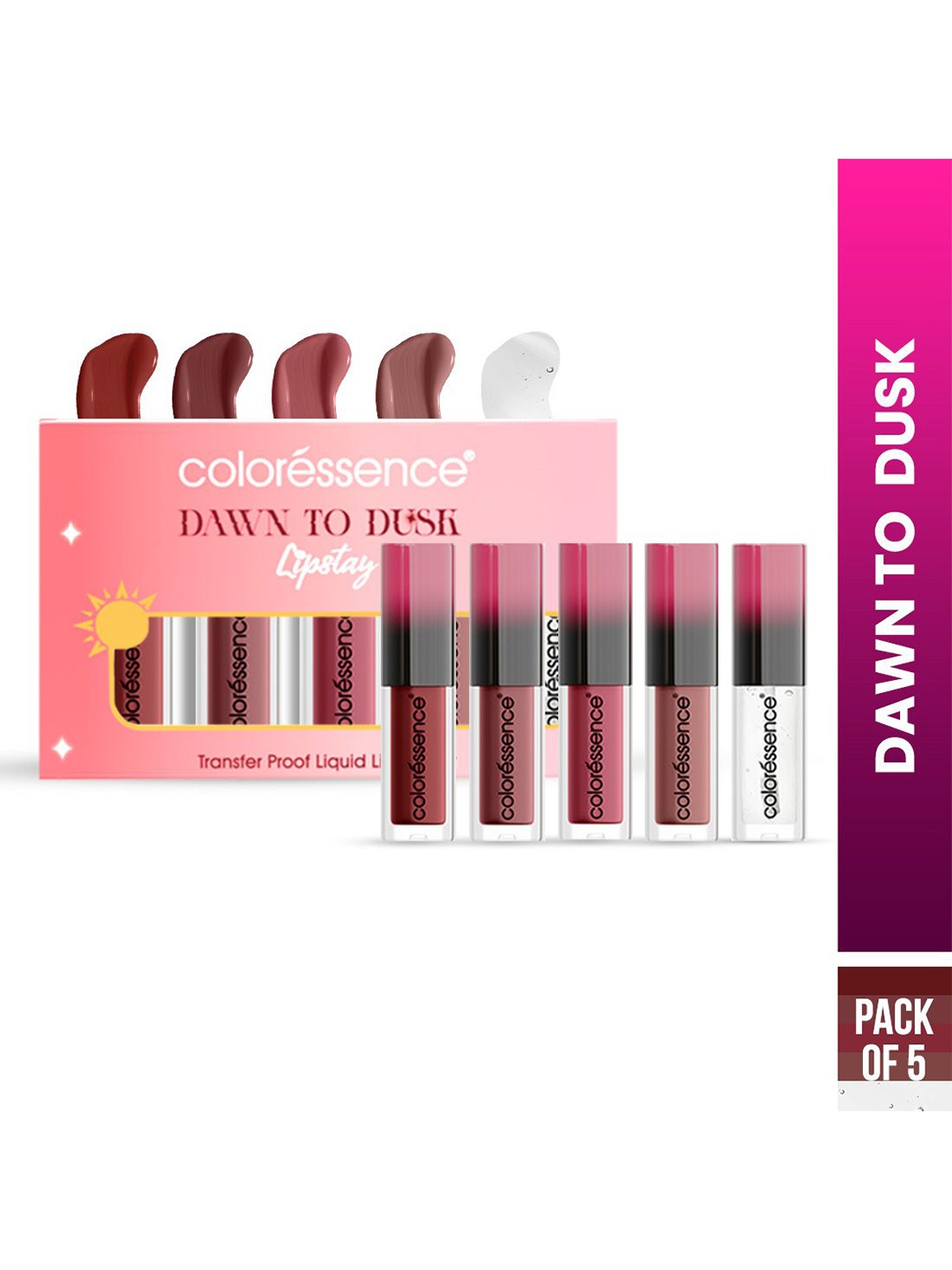 

Coloressence Set Of 5 Waterproof Liquid Lipstick - 5 ml Each - Dawn To Dusk, Brown