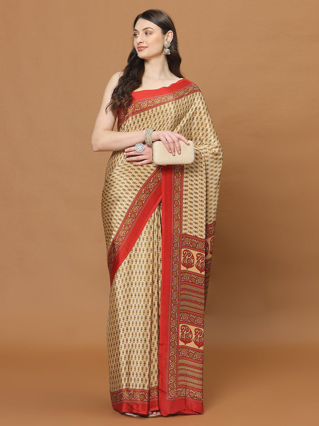 

Meena Bazaar Floral Poly Crepe Saree, Beige