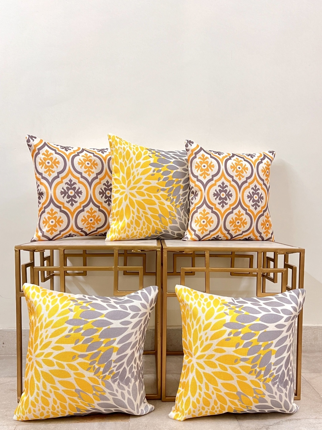 

DIHIKA Yellow & Grey 5 Pieces Floral Printed Jute Cotton Square Pillow Covers