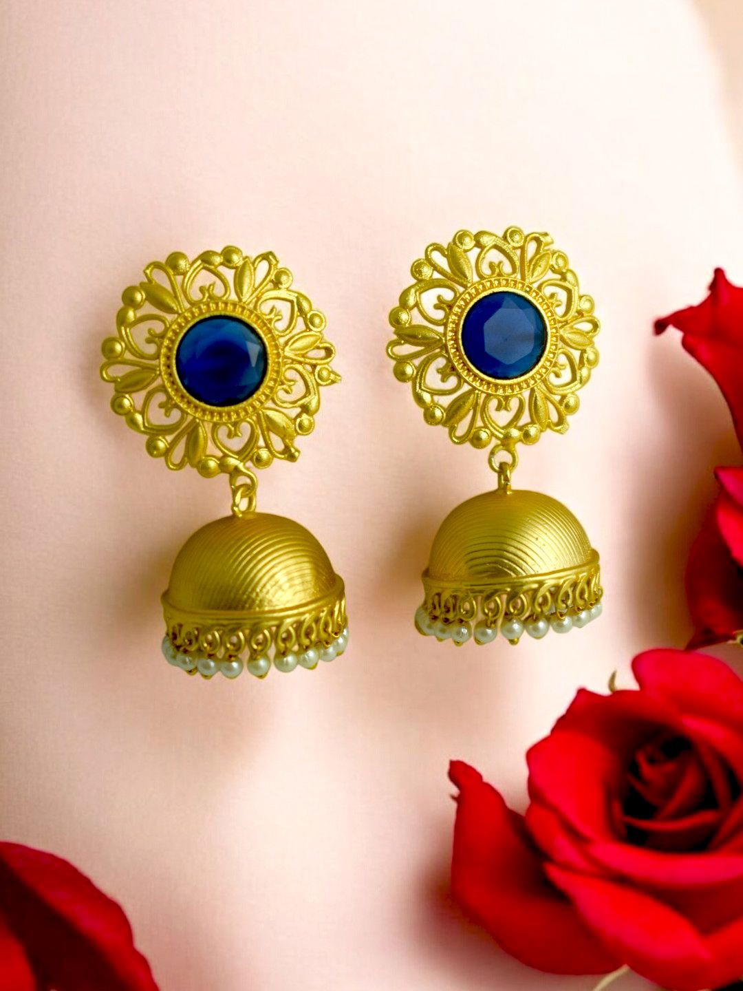 

TISHUL JEWELS Gold-Plated Artificial Stones- Studded Classic Jhumkas