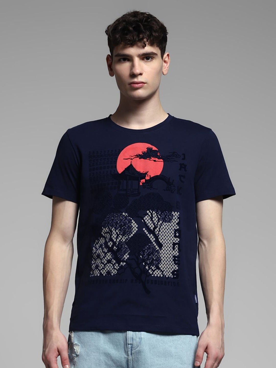 

Jack & Jones Men Graphic Printed Round Neck Cotton T-shirt, Navy blue