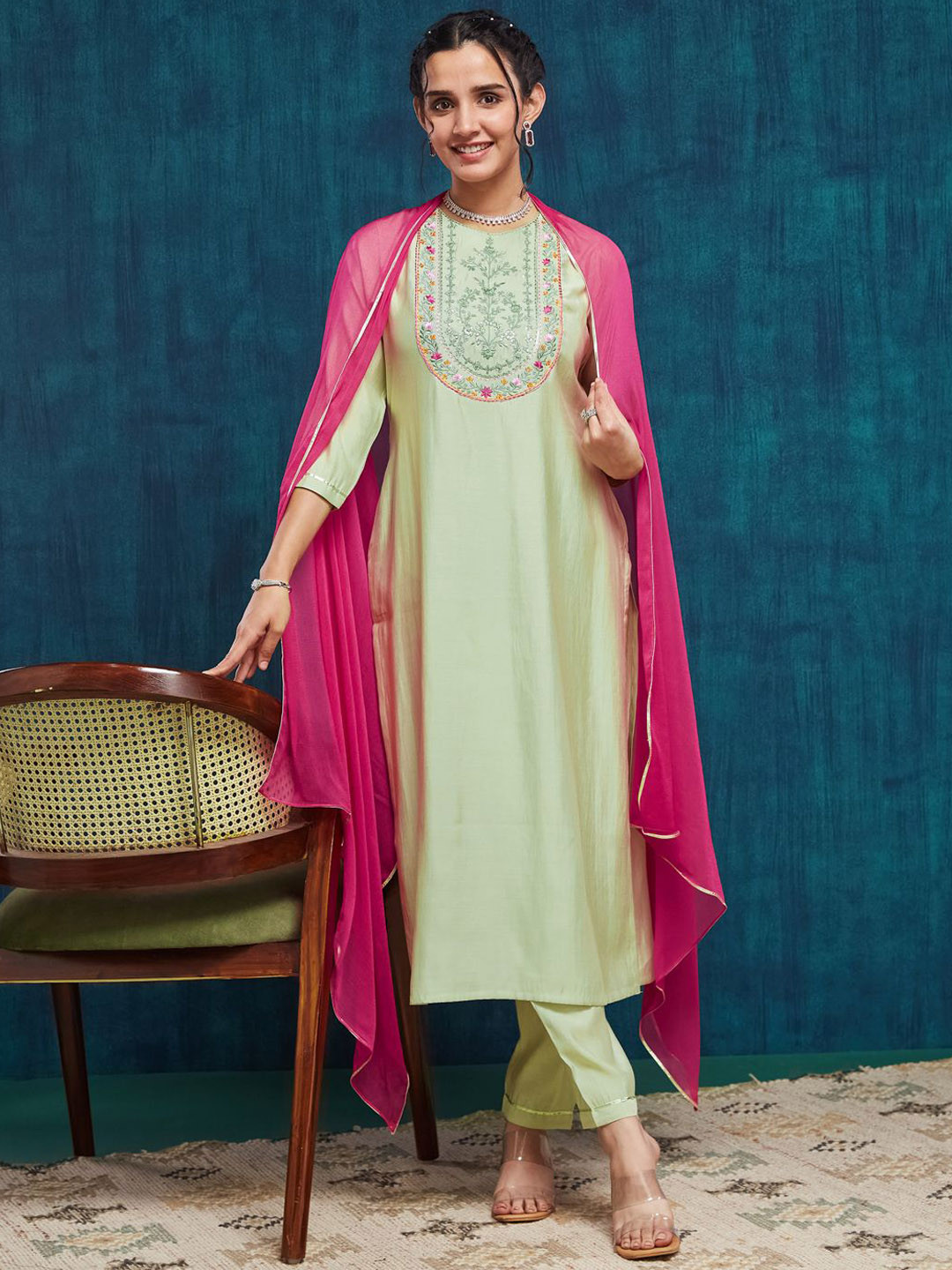 

SANSKAR Floral Embroidered Round Neck Straight Kurta With Trouser & Dupatta, Lime green