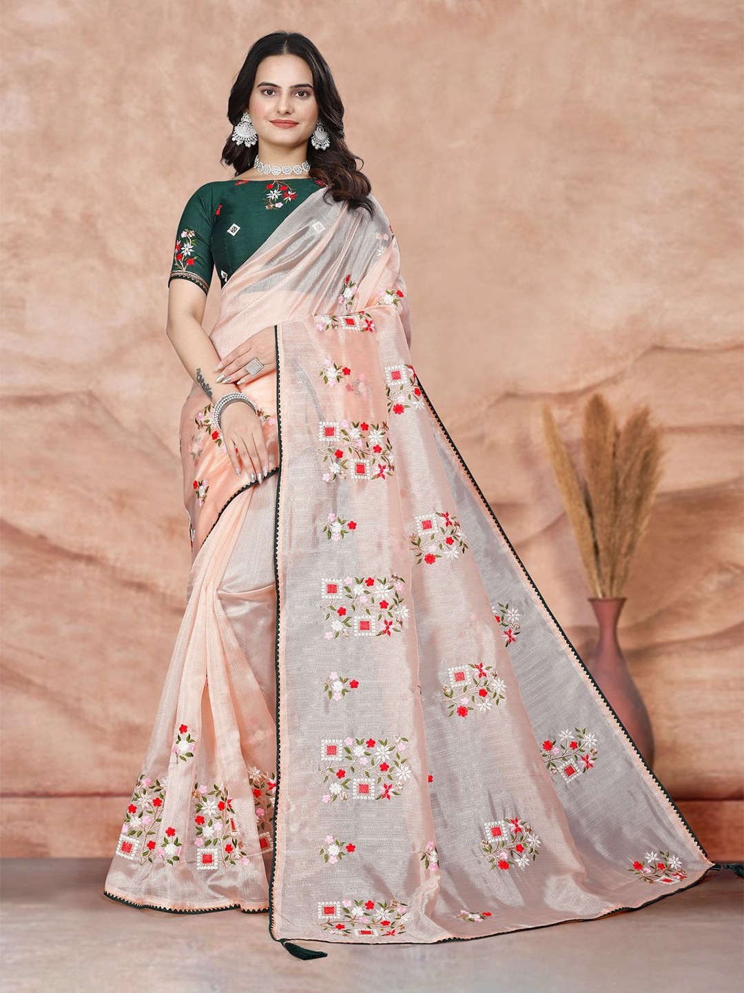 

DHRUTI CREATION Floral Embroidered Organza Heavy Work Saree, Orange