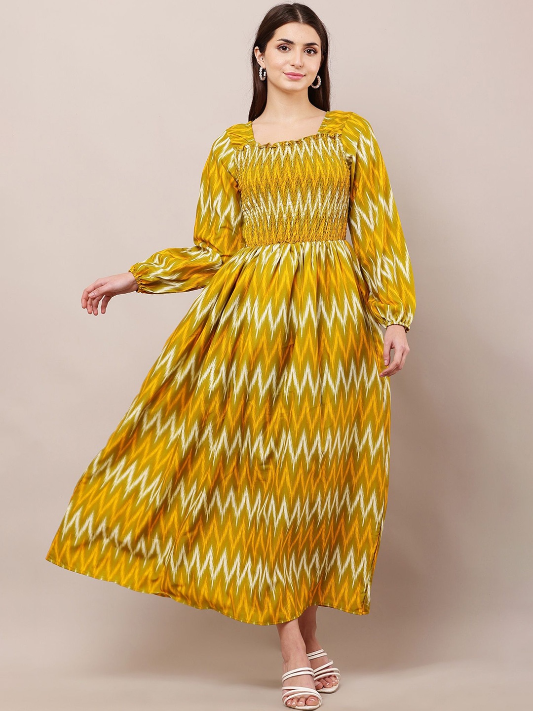 

Bright Nex Chevron Print Puff Sleeve Smocked Fit & Flare Maxi Dress, Yellow