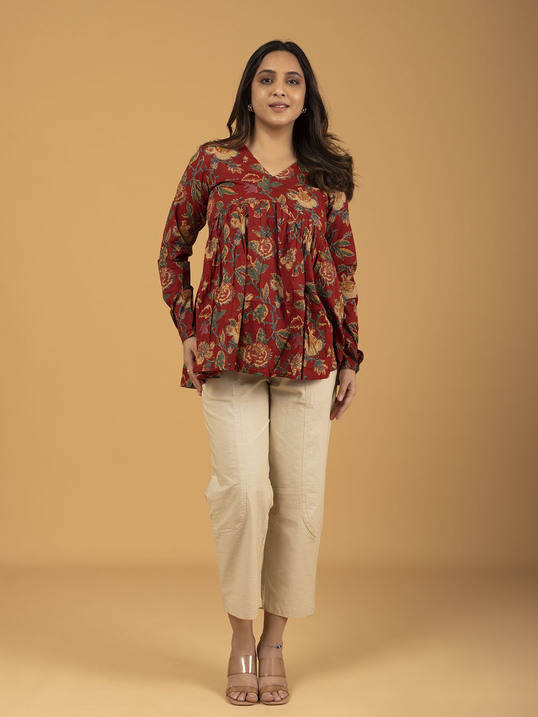 

SPARSA Women Floral Printed V-Neck Long Sleeves Cotton Empire Top, Red