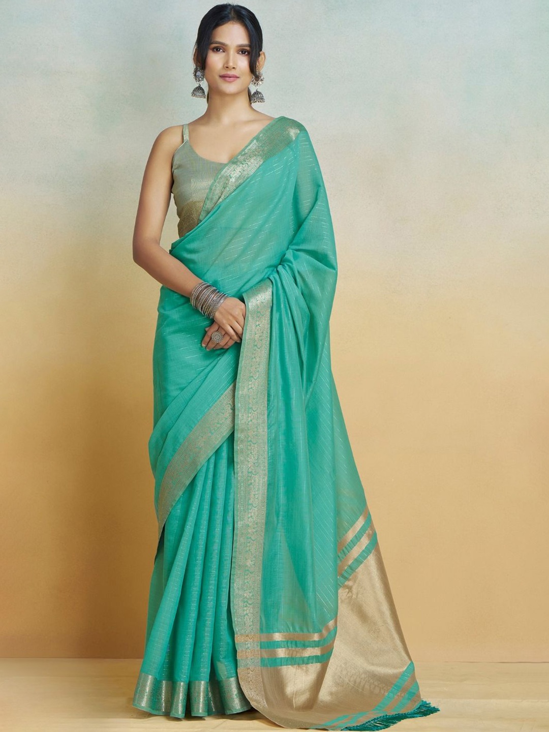 

DEVATITHI Striped Zari Blue Khadi Silk Saree