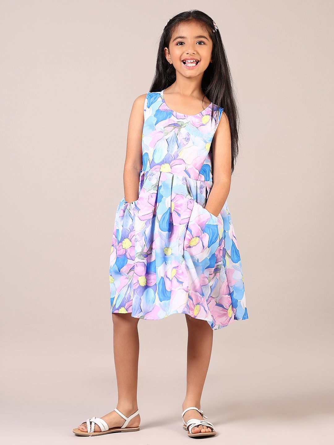 

V-Mart Girls Floral Printed Round Neck A-Line Dress, Blue