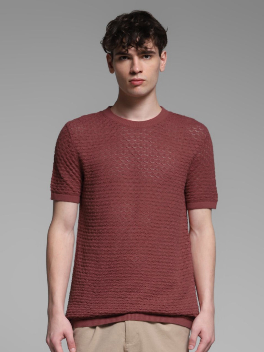 

Jack & Jones Men Self Design Round Neck Cotton T-shirt, Maroon