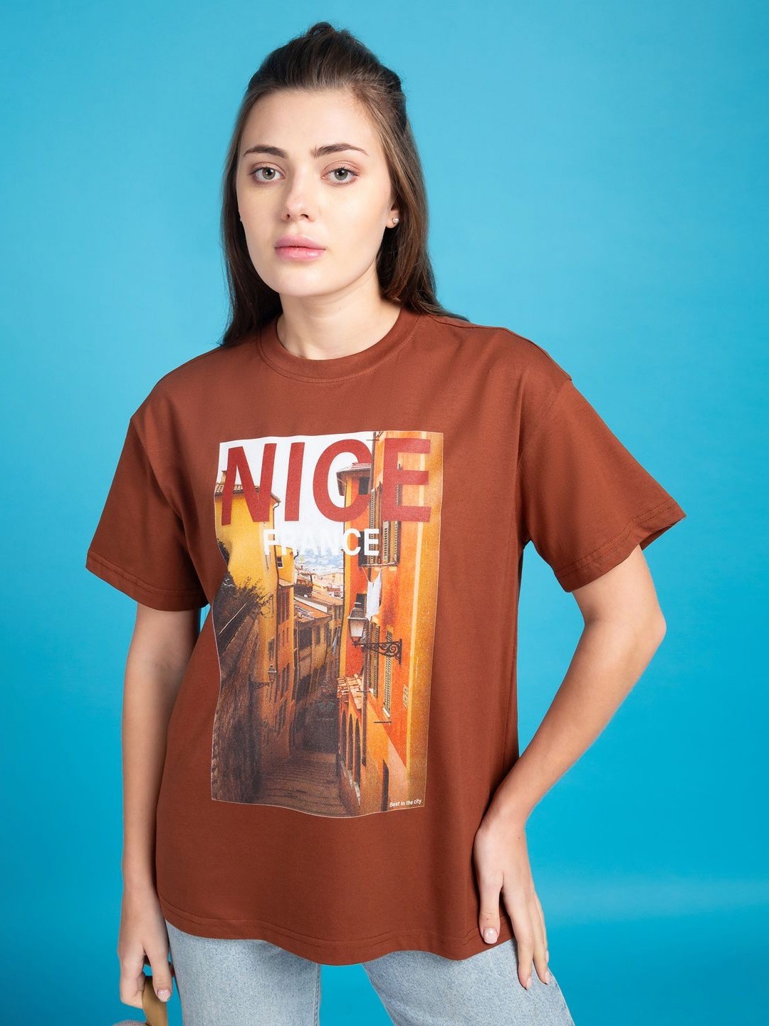 

Mast & Harbour Women Photographic Printed Round Neck Cotton Oversized T-shirt, Brown