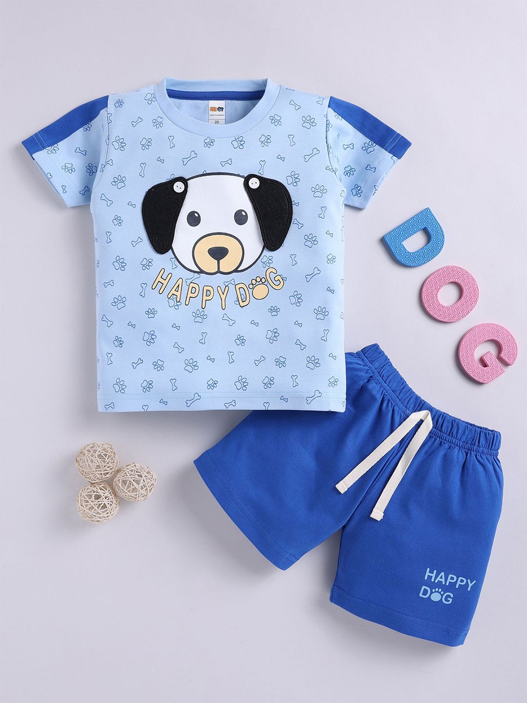 

LITTLE NINJA Boys Printed Round Neck Pure Cotton T-Shirt With Shorts, Blue