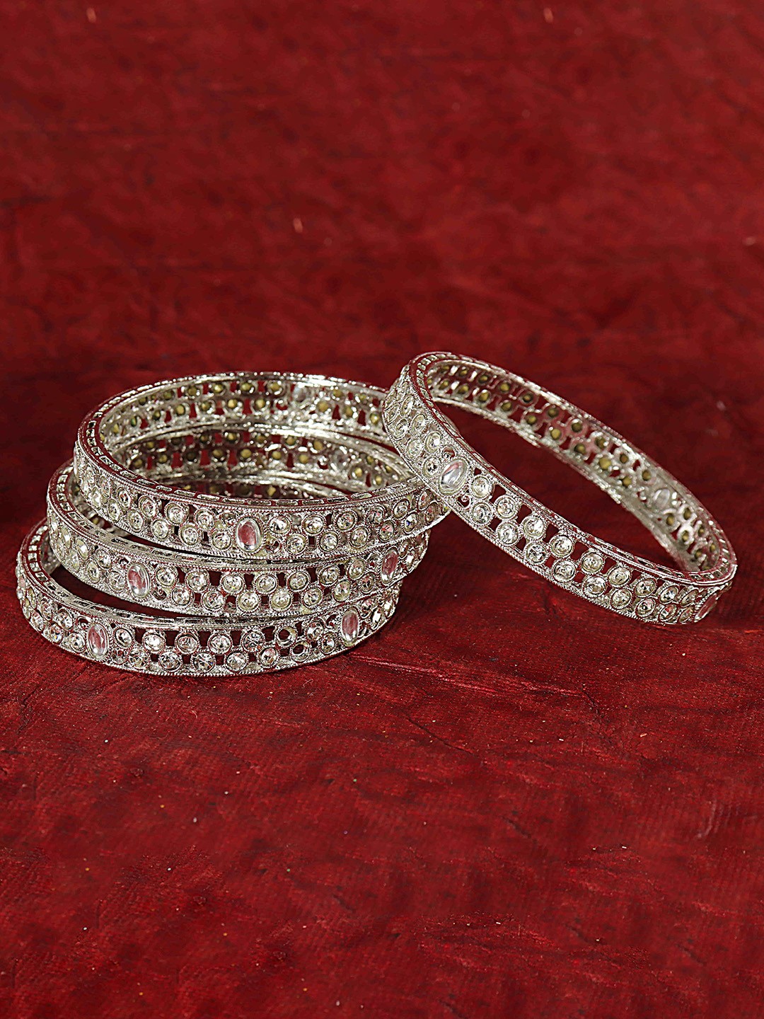 

ZULKA Set Of 4 Silver-Plated Kundan Stone-Studded Bangles