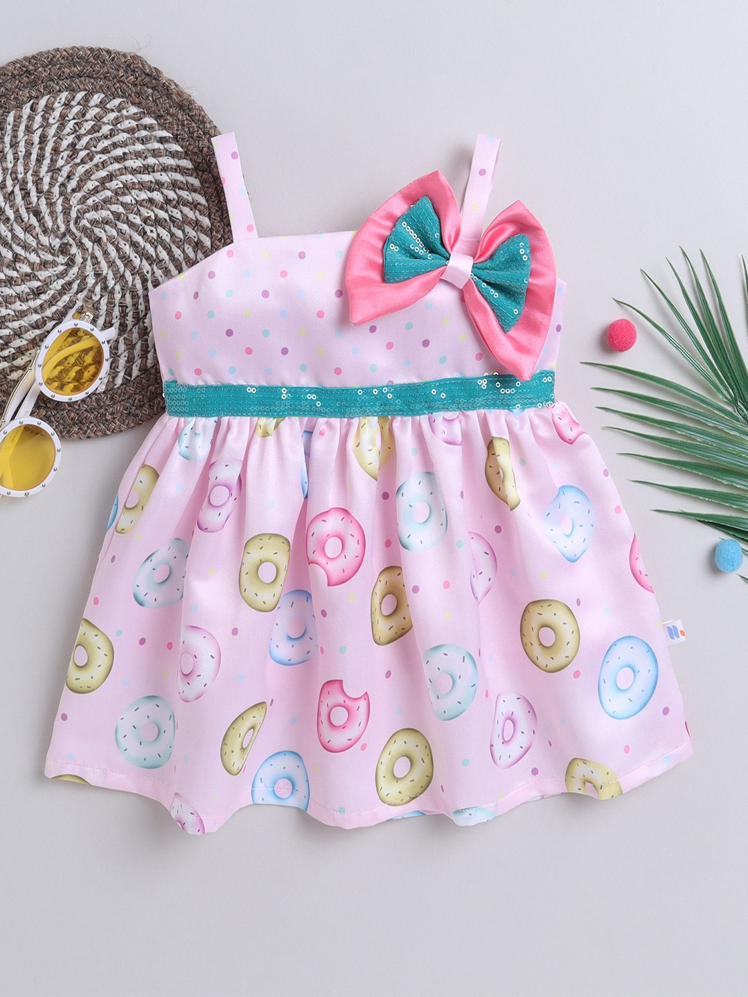 

MANY FROCKS & Girls Printed Bow Detail Satin Fit & Flare Dress, Pink