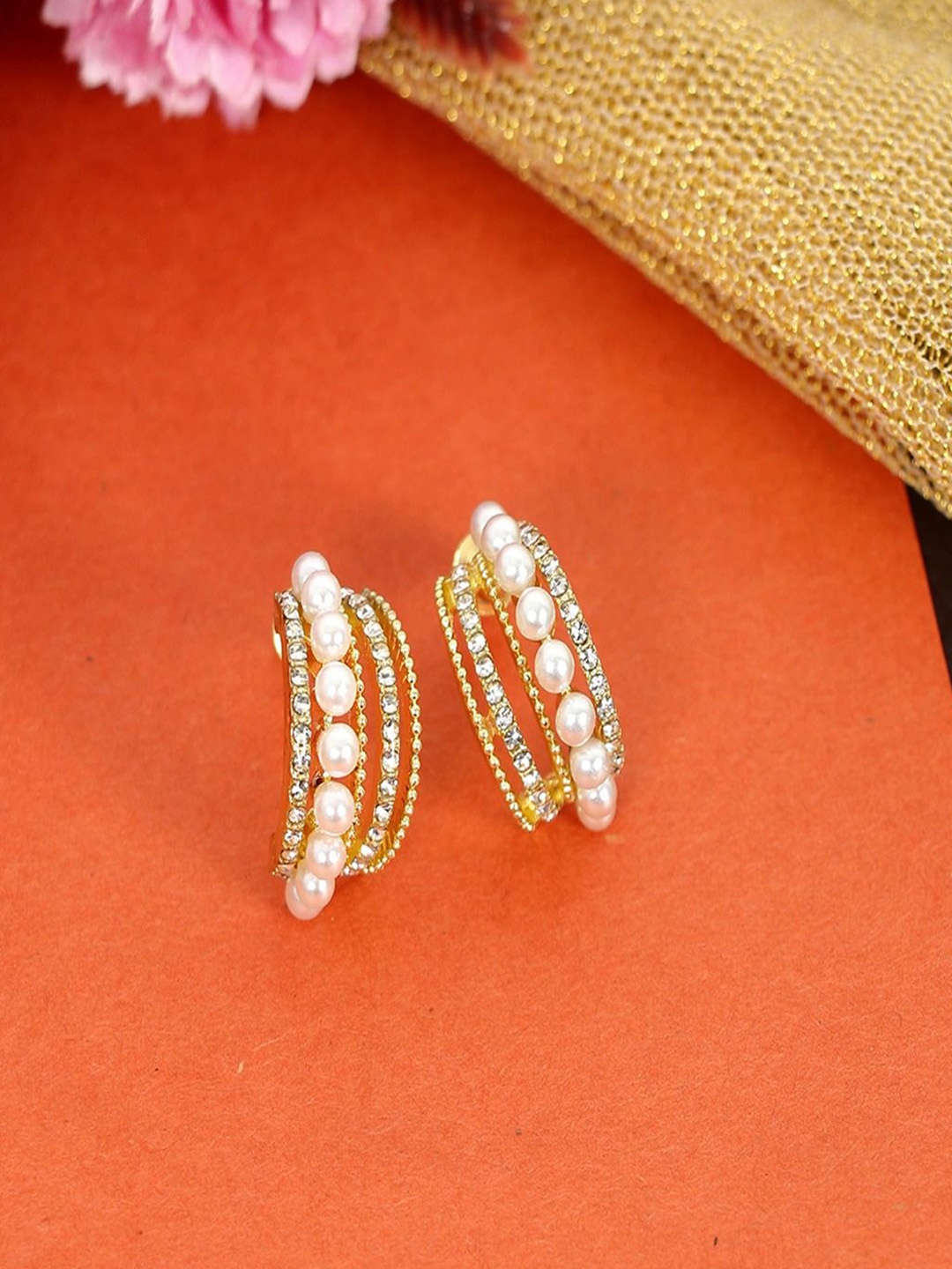 

DressBerry Gold-Plated Pearls Studded Contemporary Shaped Drop Earrings