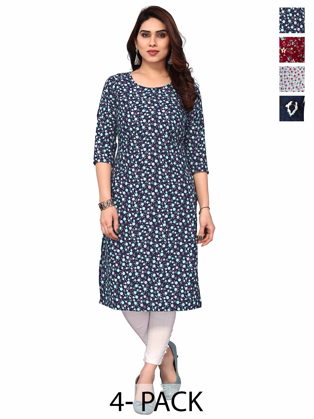 

KETAKI FASHION Selection Of 4 Floral Printed Round Neck Straight Kurta, Blue