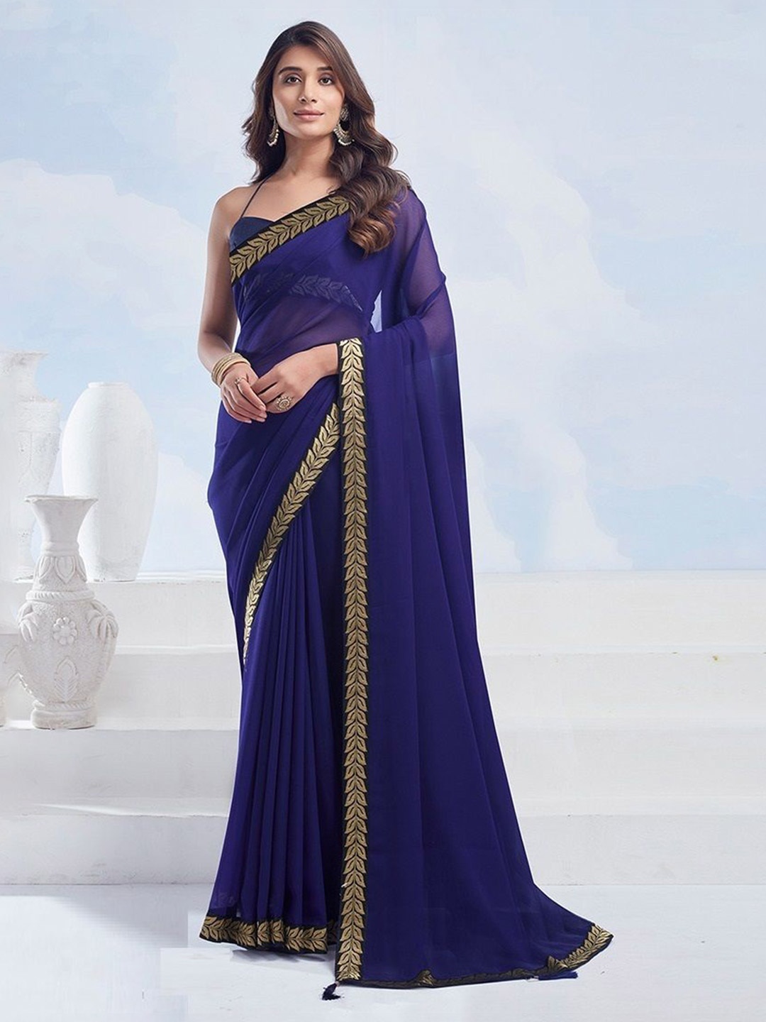 

Styleveda Solid Chanderi Saree, Navy blue