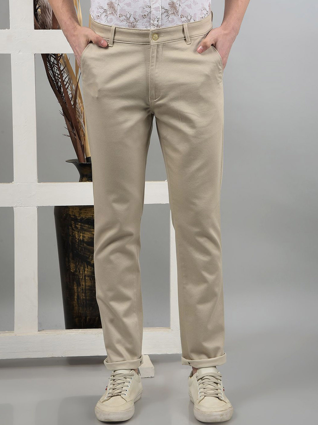 

Crimsoune Club Men Smart Slim Fit Chinos Trousers, Beige