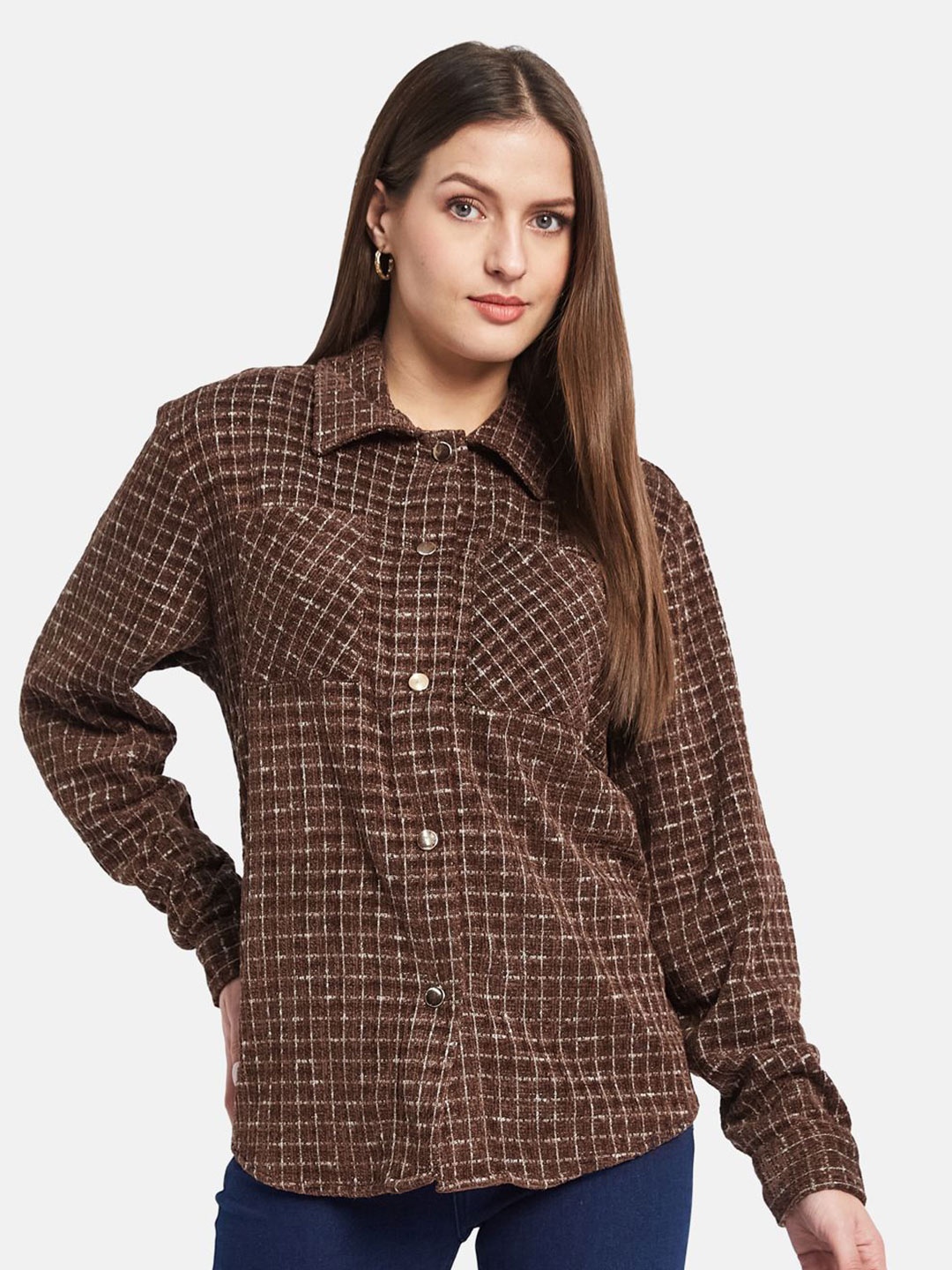 

METTLE Women Spread Collar Checked Casual Shirt, Brown