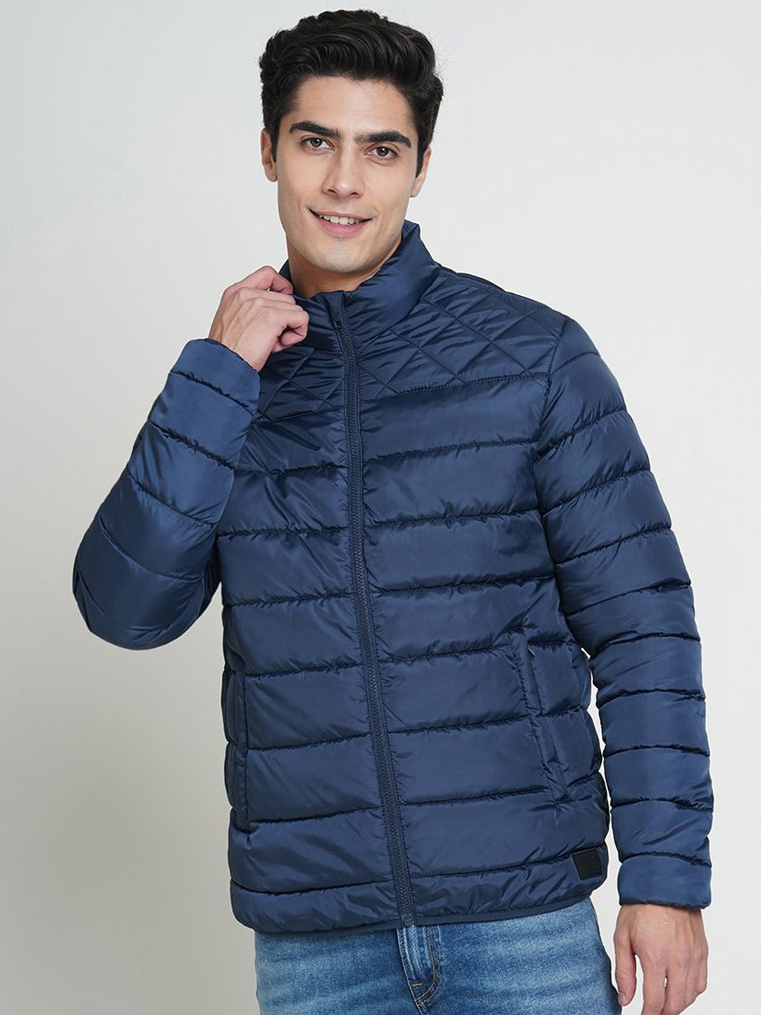 

Jack & Jones Men Mock Collar Solid Casual Quilted Jacket, Navy blue