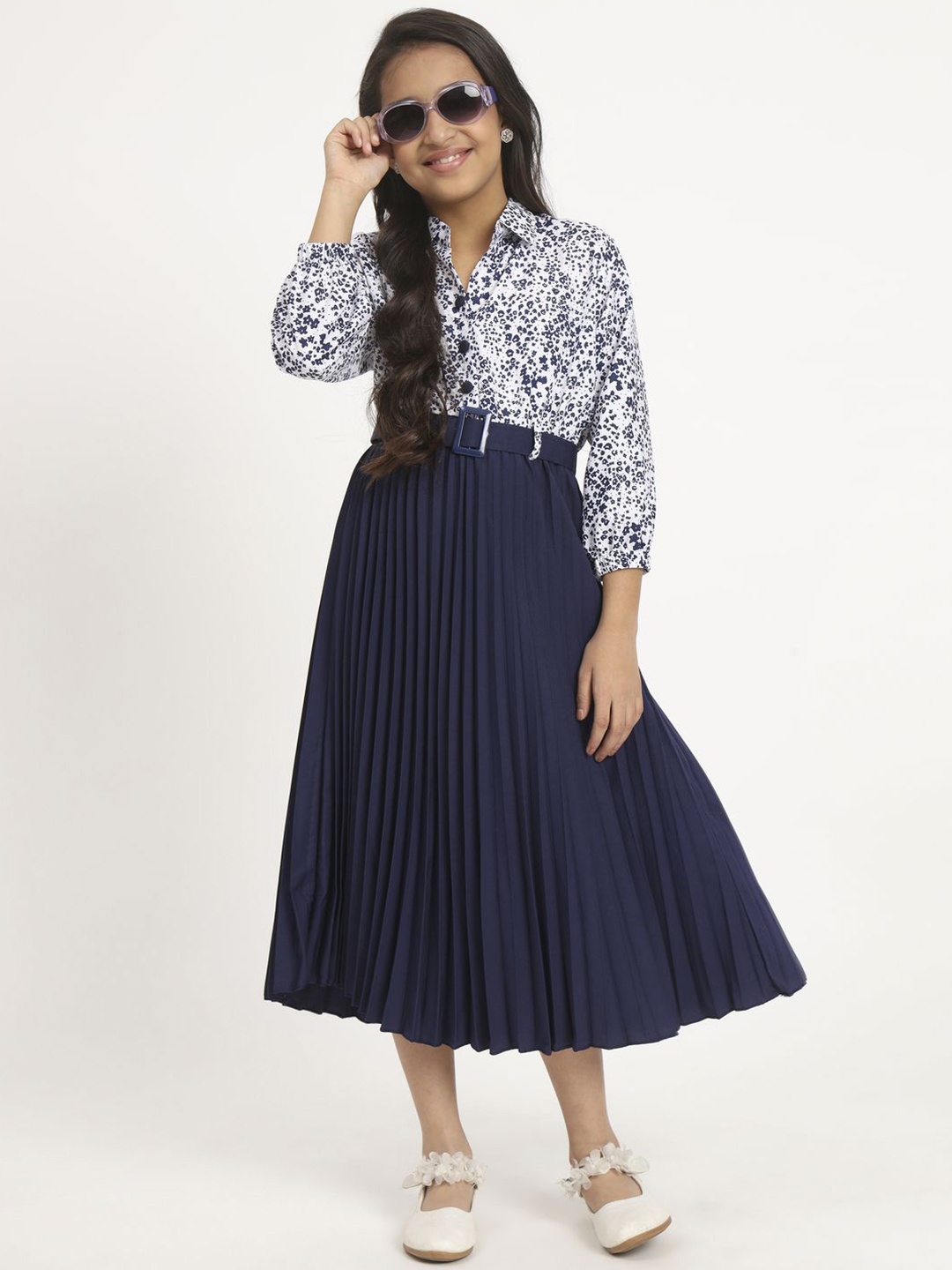 

ZWERLON Girls Printed Shirt Collar A-Line Midi Dress, Blue