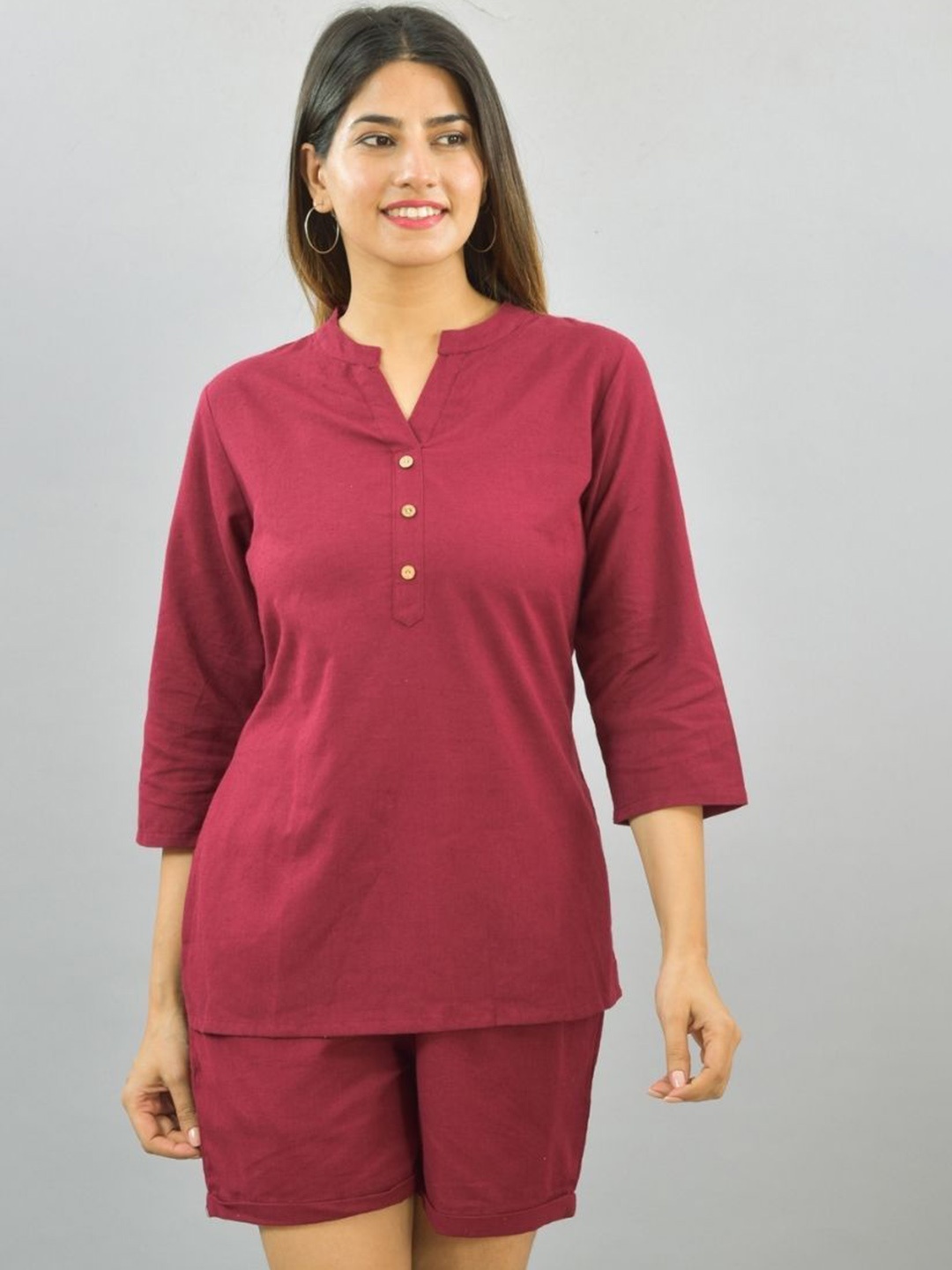 

ATARAH Mandarin Collar Pure Cotton Top With Shorts, Red