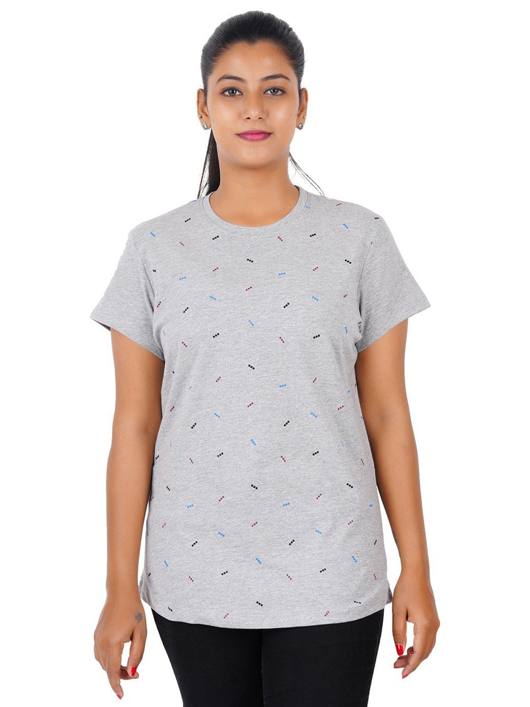 

GUIDE Women Geometric Printed Round Neck Cotton T-shirt, Grey